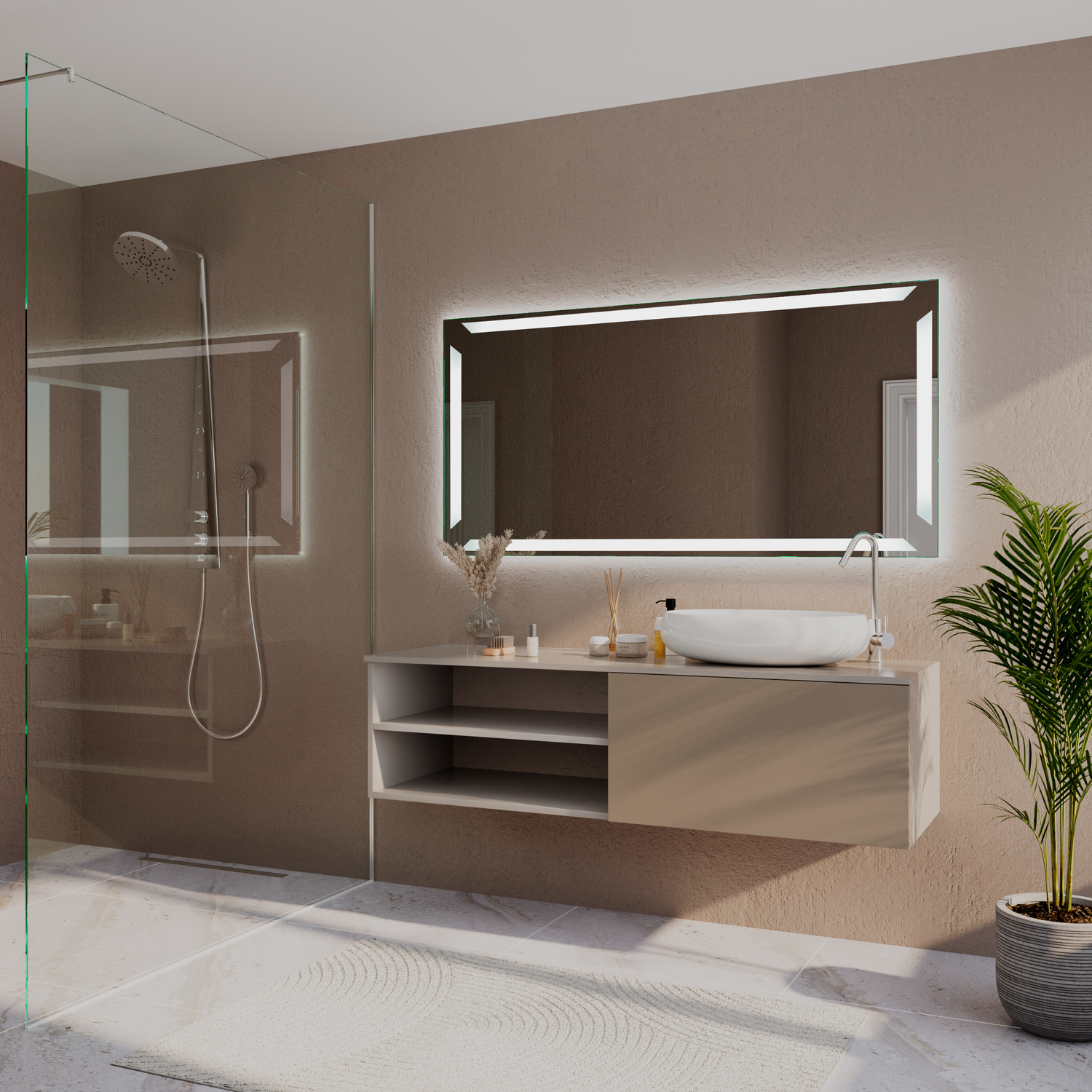 PESARO LED-Badspiegel mit eingeschalteter Beleuchtung, 1500x1500 mm, leuchtender warmweißer Rahmen, seitliche Ansicht über wandmontiertem Waschtisch in Holzoptik mit weißem Aufsatzwaschbecken, Glasdusche links, modernes Bad mit braunen Wänden