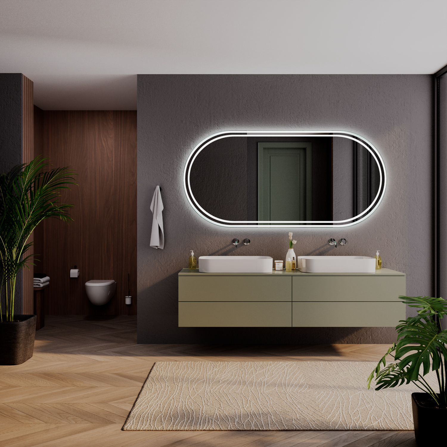 RODEZ OV ovaler LED-Badspiegel mit eingeschalteter warmweißer Hintergrundbeleuchtung, 1500x1500 mm, leuchtender Lichtrahmen, über Doppelwaschtisch mit zwei weißen Aufsatzwaschbecken auf olivgrünem Waschtisch, modernes Bad
