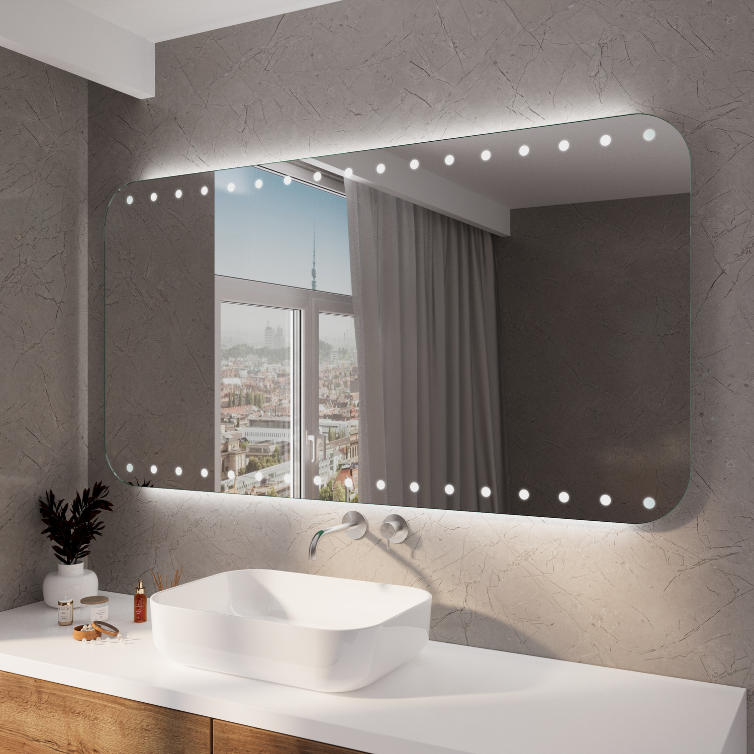 ACCRAS RAD LED-Badspiegel mit abgerundeten Ecken und Niet-Optik, 1500x1500 mm, eingeschaltete Beleuchtung mit warmweißem Lichtrahmen, wandmontiert über weißem Waschtisch mit rundem Aufsatzwaschbecken, Holzunterschrank, modernes Bad mit grauer Wand