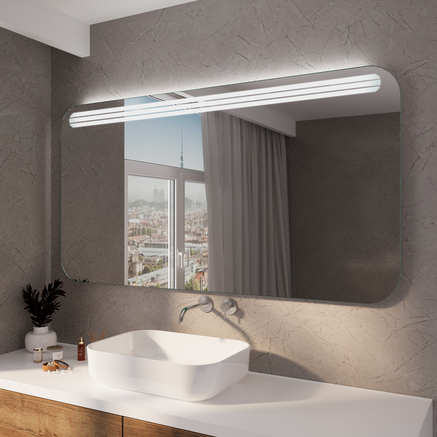 AREVALO RAD LED-Badspiegel mit eingeschalteter Beleuchtung und abgerundeten Ecken, 1500x1500 mm, leuchtende LED-Streifen in warmweiß, über weißem Waschtisch mit rechteckigem Aufsatzwaschbecken, moderne Wandarmaturen, minimalistisches Bad in Grau-Weiß mit