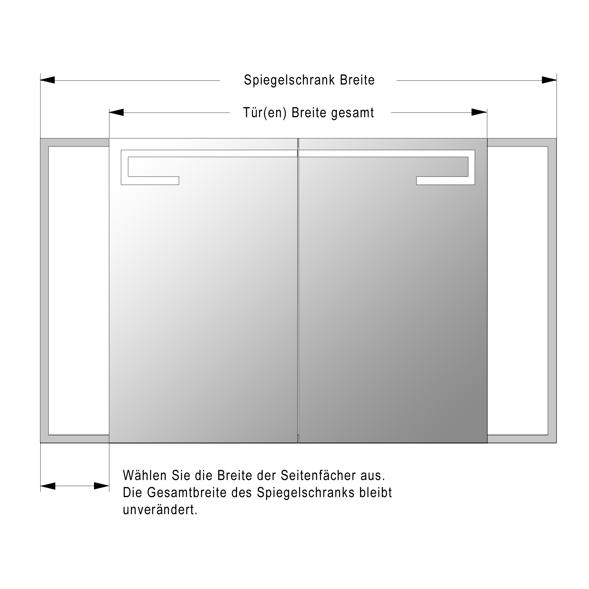 Technische Zeichnung des Spiegelschranks Lyngdal mit Maßangaben für Spiegelschrank-Breite, Türenbreite und SeitenfachernRetry