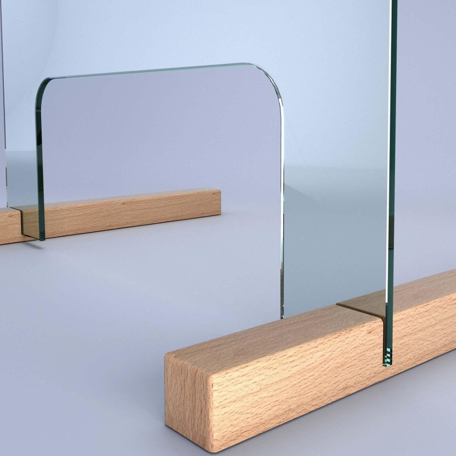 Detailansicht der ESG-Hygieneschutzwand mit Durchreiche und stabilem Holzsockel in NahaufnahmeRetry