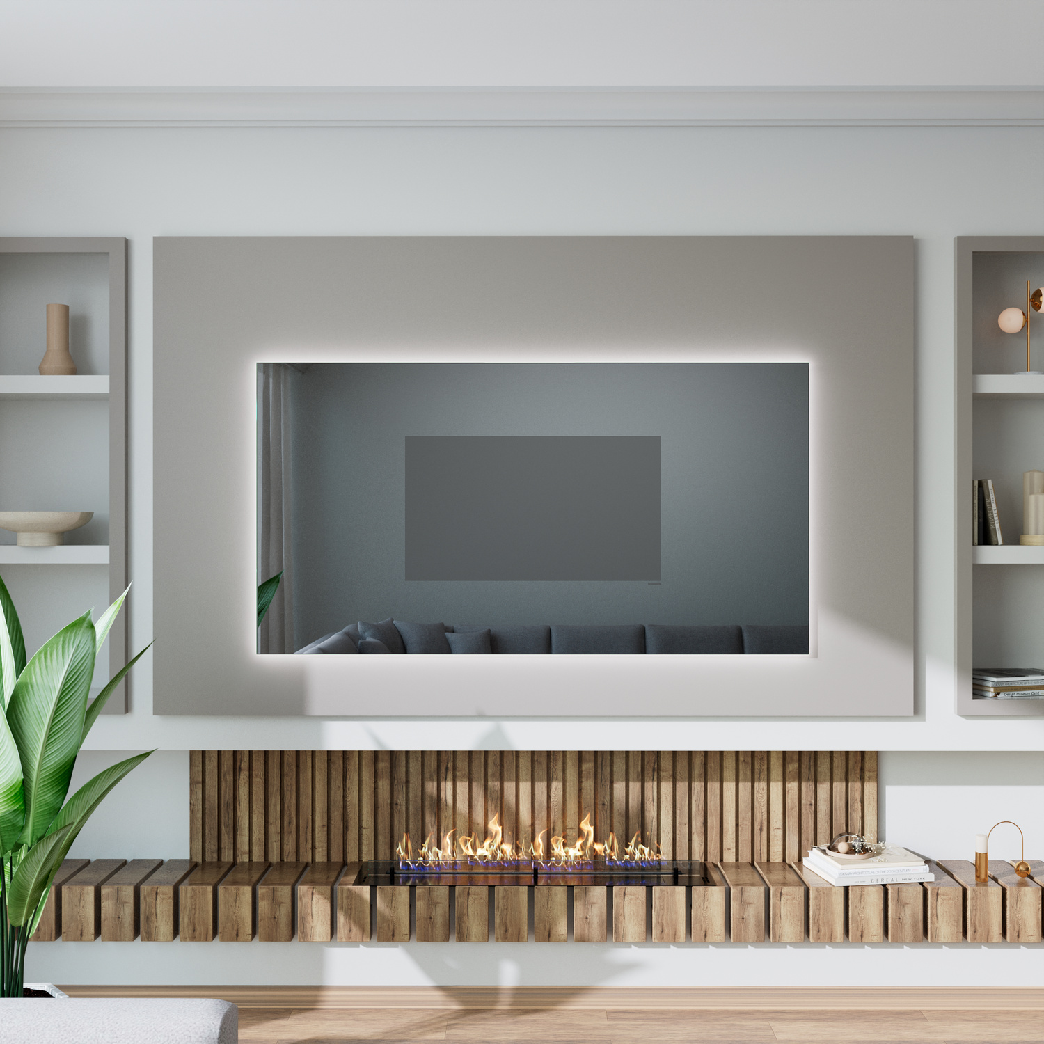 Spiegel Modell Lambelle mit eingeschalteter LED-Beleuchtung und ausgeschaltetem TV, über modernem Kamin in elegantem Wohnraum montiert.