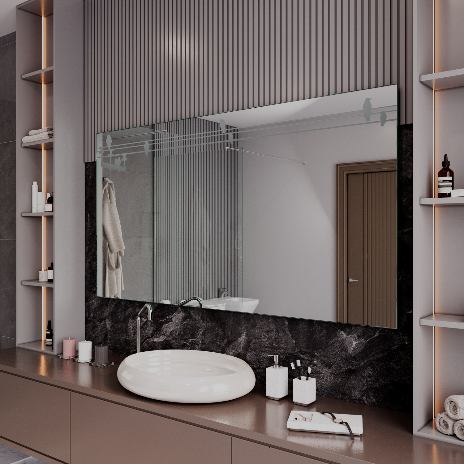 ROSES rechteckiger LED-Badspiegel mit Schiebemechanismus und ausgeschalteter Beleuchtung, 1500x1500 mm, über taupefarbenem Waschtisch mit weißem ovalem Aufsatzwaschbecken, schwarze Marmor-Arbeitsplatte, dunkle gerillte Wand, luxuriöses Bad