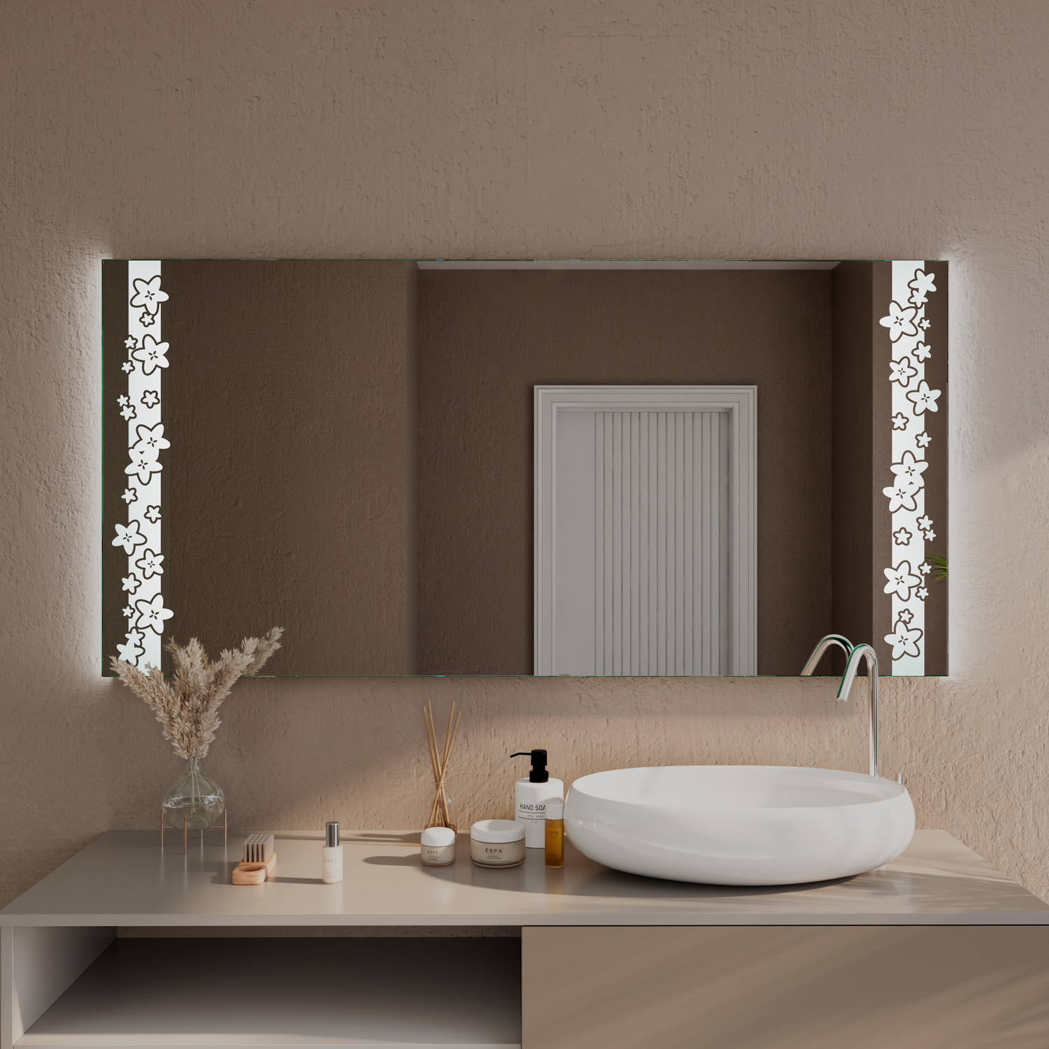 PERUGIA rechteckiger LED-Badspiegel mit Perlenketten-Dekorstreifen und eingeschalteter Beleuchtung, 1500x1500 mm, leuchtend mit seitlichen Lichtstreifen, über zweifarbigem Waschtisch mit großem weißem rundem Aufsatzwaschbecken, elegantes Bad