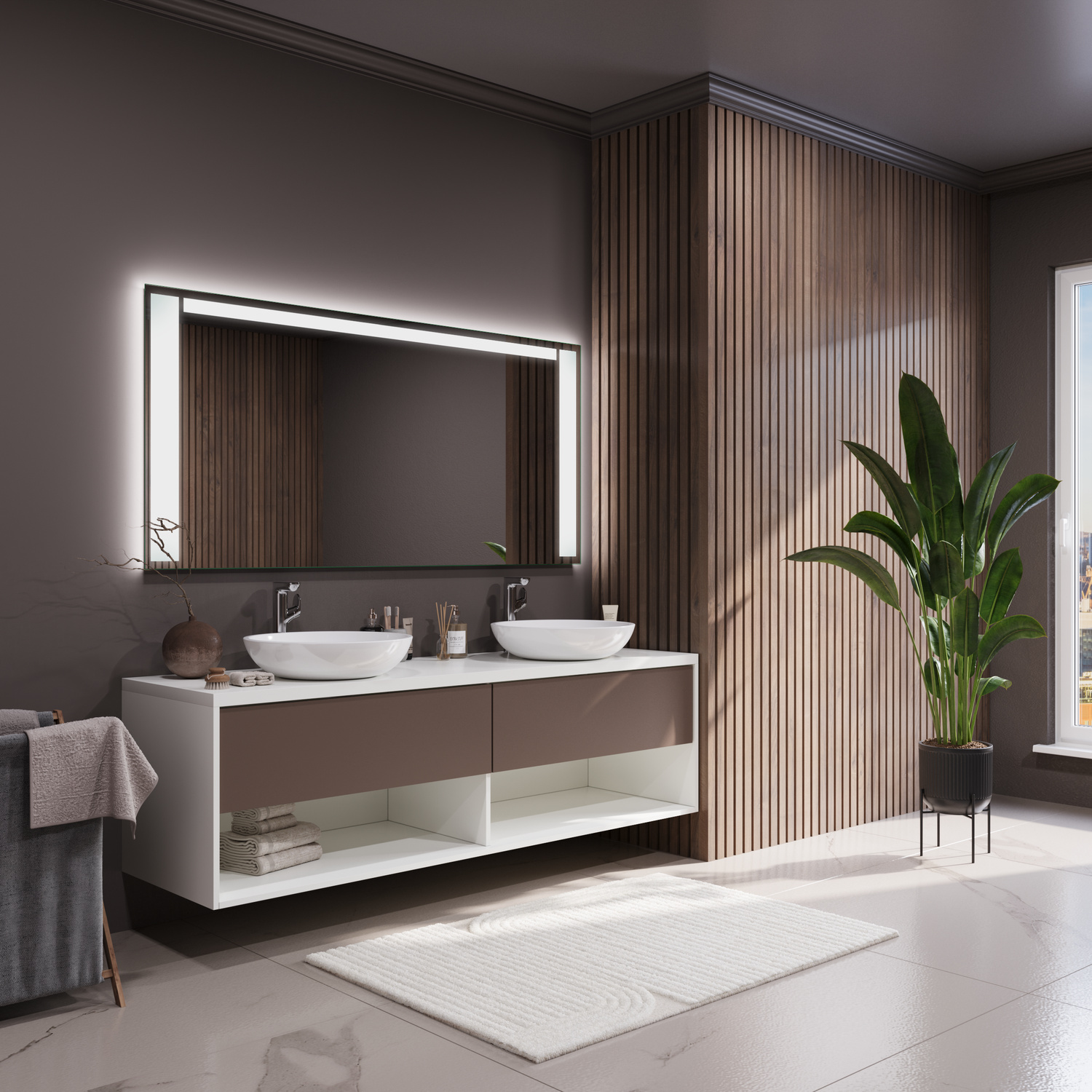 CHARTRES rechteckiger LED-Badspiegel mit eingeschalteter Beleuchtung, 1500x1500 mm, Seitenansicht leuchtend mit warmweißem Lichtrahmen, breiter weißer Rahmen, über schwarzem Marmor-Waschtisch mit weißem ovalem Aufsatzwaschbecken