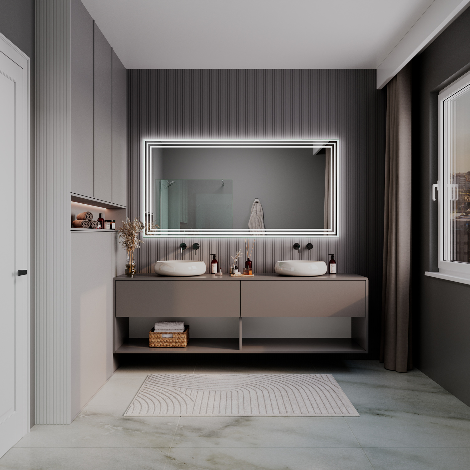 CROTONE rechteckiger LED-Badspiegel mit eingeschalteter Beleuchtung, 1500x1500 mm, leuchtend mit weißem Doppel-Lichtrahmen, über taupefarbenem Doppelwaschtisch mit zwei weißen ovalen Aufsatzwaschbecken, elegantes Bad mit Duschbereich, Raumansicht