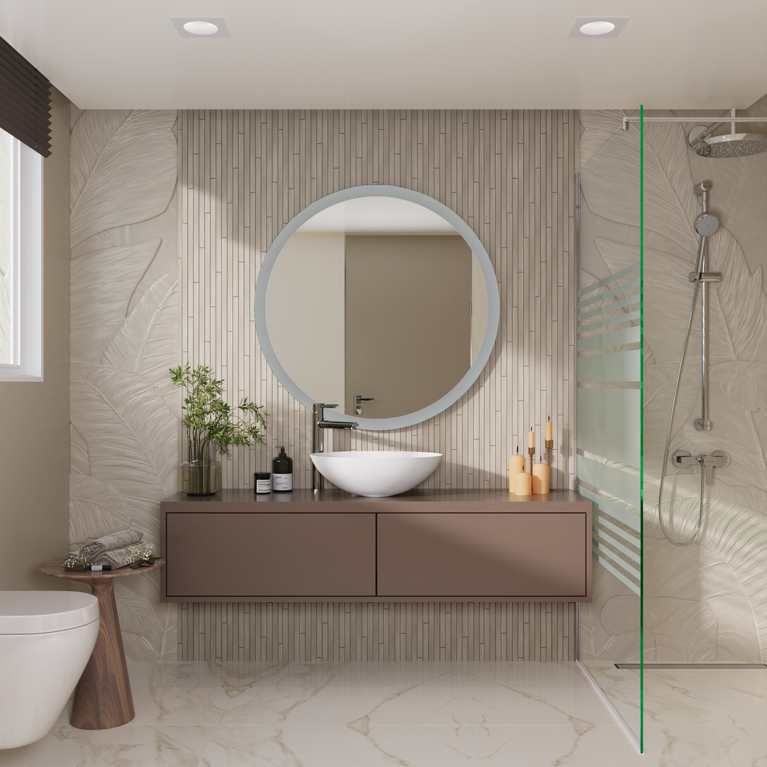 Amir LightsOff 1500x1500 runder LED-Badspiegel mit ausgeschalteter Beleuchtung über weißem Aufsatzwaschbecken und schwebendem Waschtisch in modernem Badezimmer mit gerillter Wandverkleidung und GlasduscheRetry