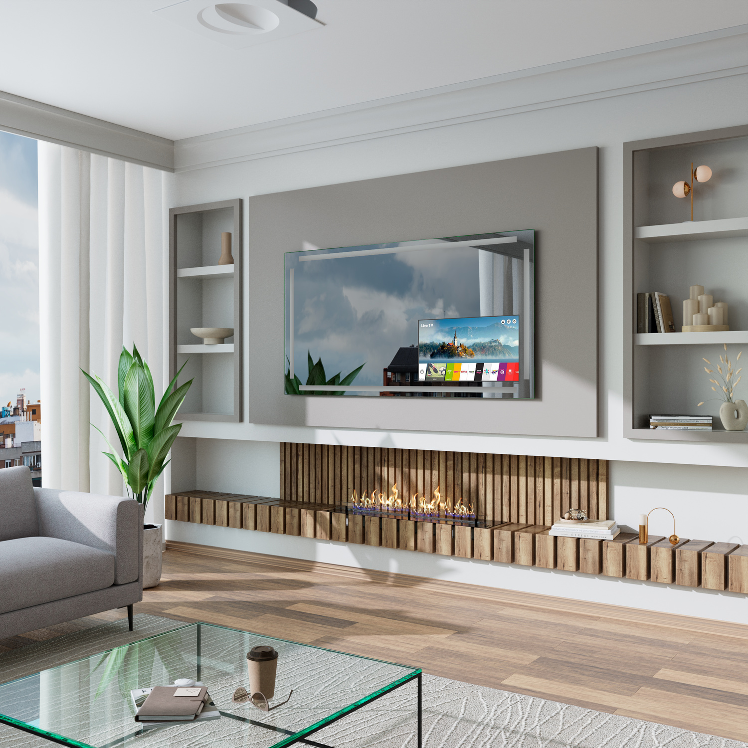 Wandspiegel T411 ohne Beleuchtung, Seitenansicht, integrierter TV-Bildschirm, montiert in grauer Wandnische über Holzverkleidung, seitliche Regale, Wohnzimmer mit Glastisch, Sofa, Grünpflanze, modernes Ambiente