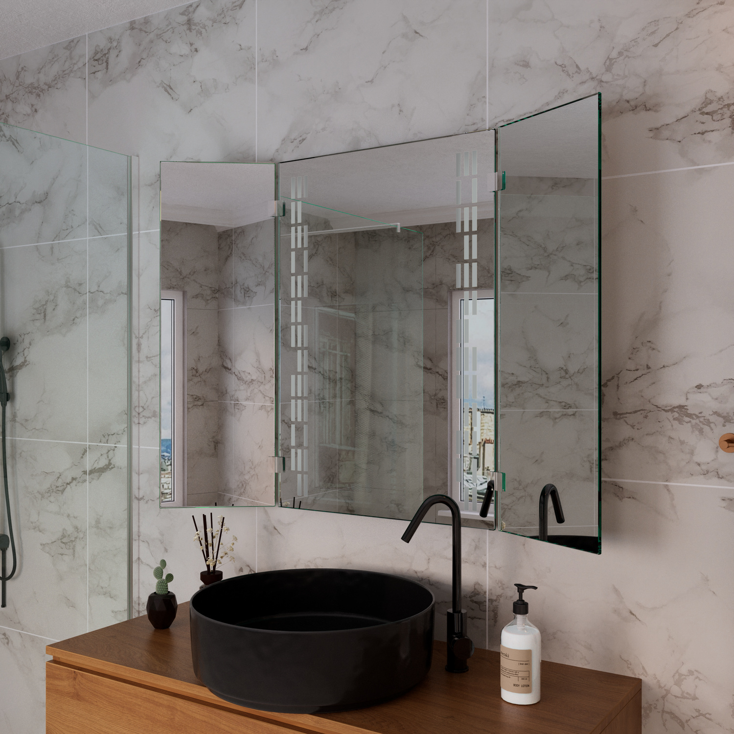 Alegres SideAngle LightsOff 1500x1500 Badezimmerspiegel mit ausgeschalteter Beleuchtung in seitlicher Perspektive über schwarzem Aufsatzwaschbecken und Holzwaschtisch in marmoriertem BadezimmerRetry