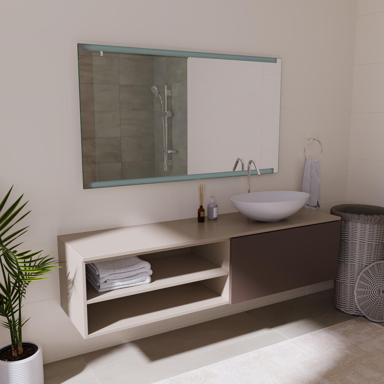 BIOT Badezimmerspiegel 1500x1500 mm in seitlicher Perspektive ohne Beleuchtung über Waschtisch mit Aufsatzwaschbecken und integriertem StauraumRetry