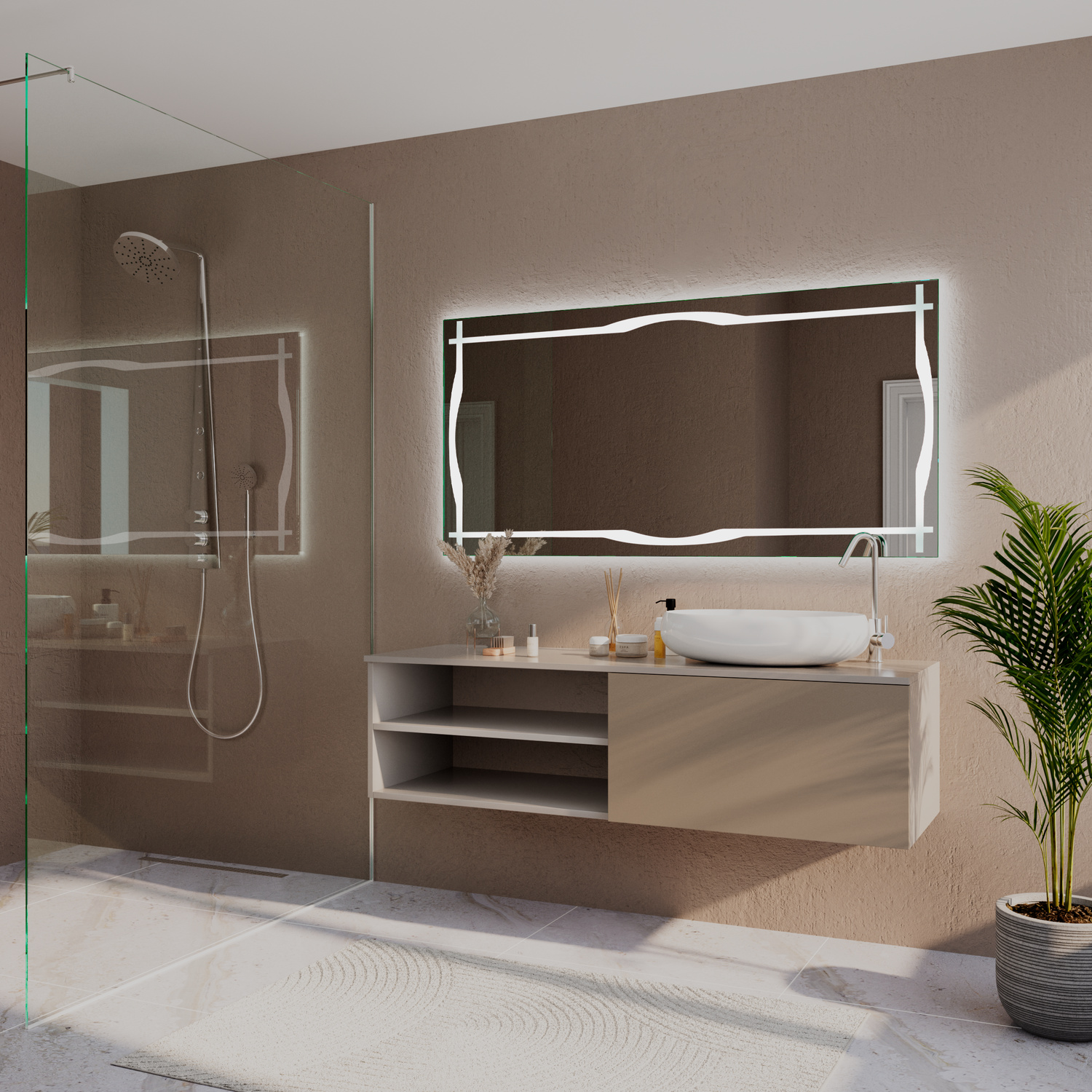 Brindisi rechteckiger LED-Badspiegel mit eingeschalteter warmweißer Beleuchtung, 1500x1500 mm, geschwungene Seitenkanten, seitliche Ansicht, leuchtender Lichtrahmen, über weißem Aufsatzwaschbecken auf beigem Waschtisch