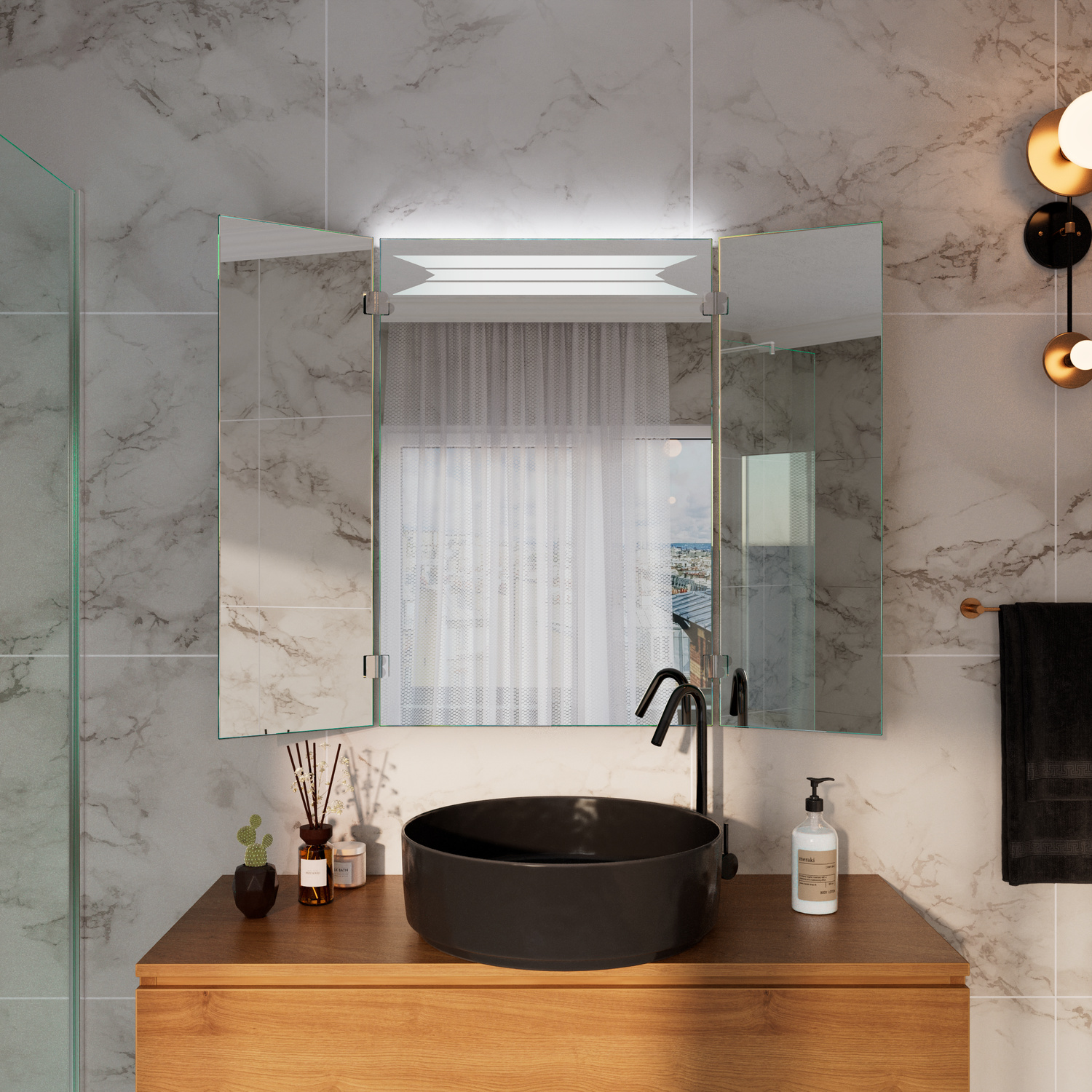 IBADANS rechteckiger LED-Badspiegel mit Perlenketten-Aufhängung und eingeschalteter Beleuchtung, 1500x1500 mm, leuchtend mit weißem oberen Lichtstreifen, über Holzwaschtisch mit schwarzem rundem Aufsatzwaschbecken, elegantes Bad mit Lampen