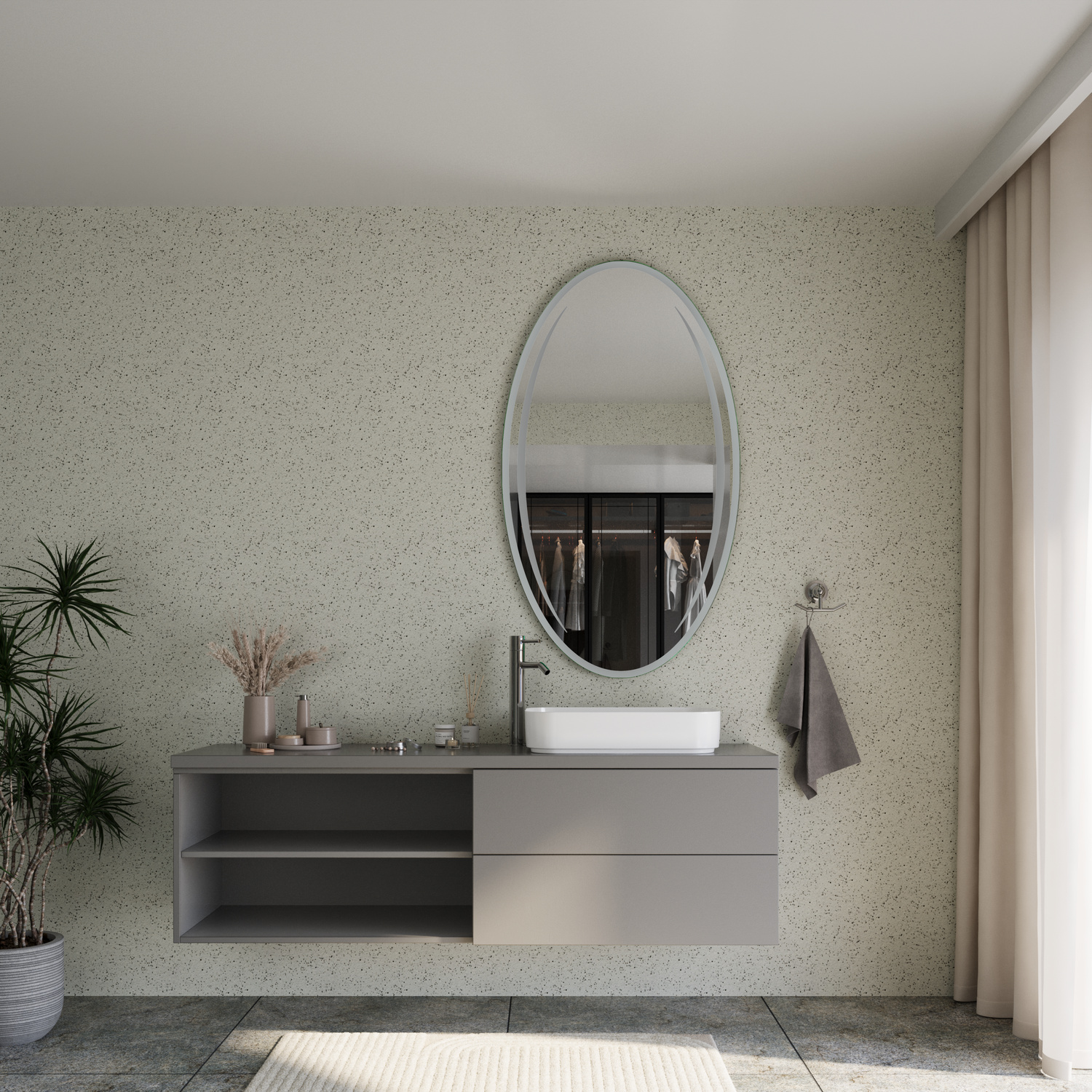 ASIR EL Spiegel 150x150 cm unbeleuchtet, ovale Form über weißem Aufsatzwaschbecken auf modernem Waschtisch in hellem Badezimmer mit Pflanzen-Dekoration und beigefarbener strukturierter Wand