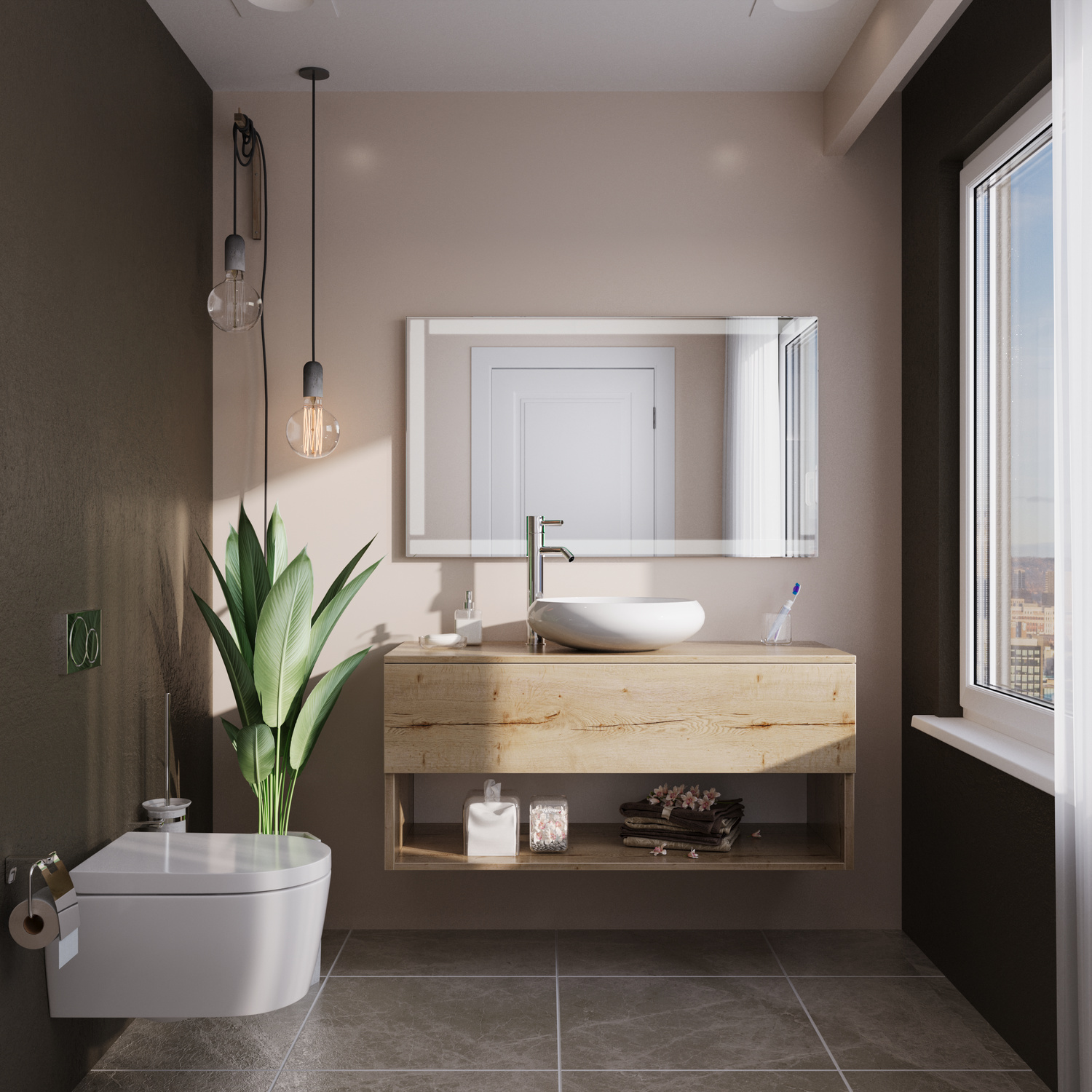 Lecce Badspiegel mit ausgeschalteter LED-Beleuchtung, 1500x1500 mm, weißer Rahmen, frontale Ansicht, über weißem ovalem Aufsatzwaschbecken auf schwebendem Holzwaschtisch, wandhängendes WC, anthrazitfarbene Wände, Fenster mit Stadtblick, modernes Bad