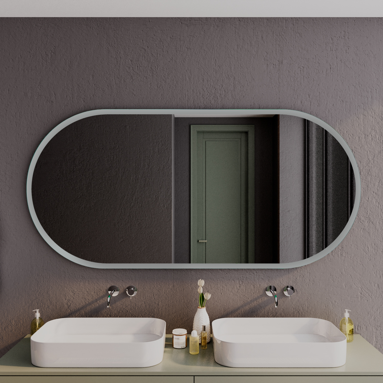 SETE OV20 ovaler Badspiegel ohne Beleuchtung, 1500x1500 mm, ausgeschaltet, 20mm Randabstand, montiert über Doppelwaschtisch mit zwei weißen rechteckigen Aufsatzwaschbecken, modernes Bad mit grauer Strukturwand