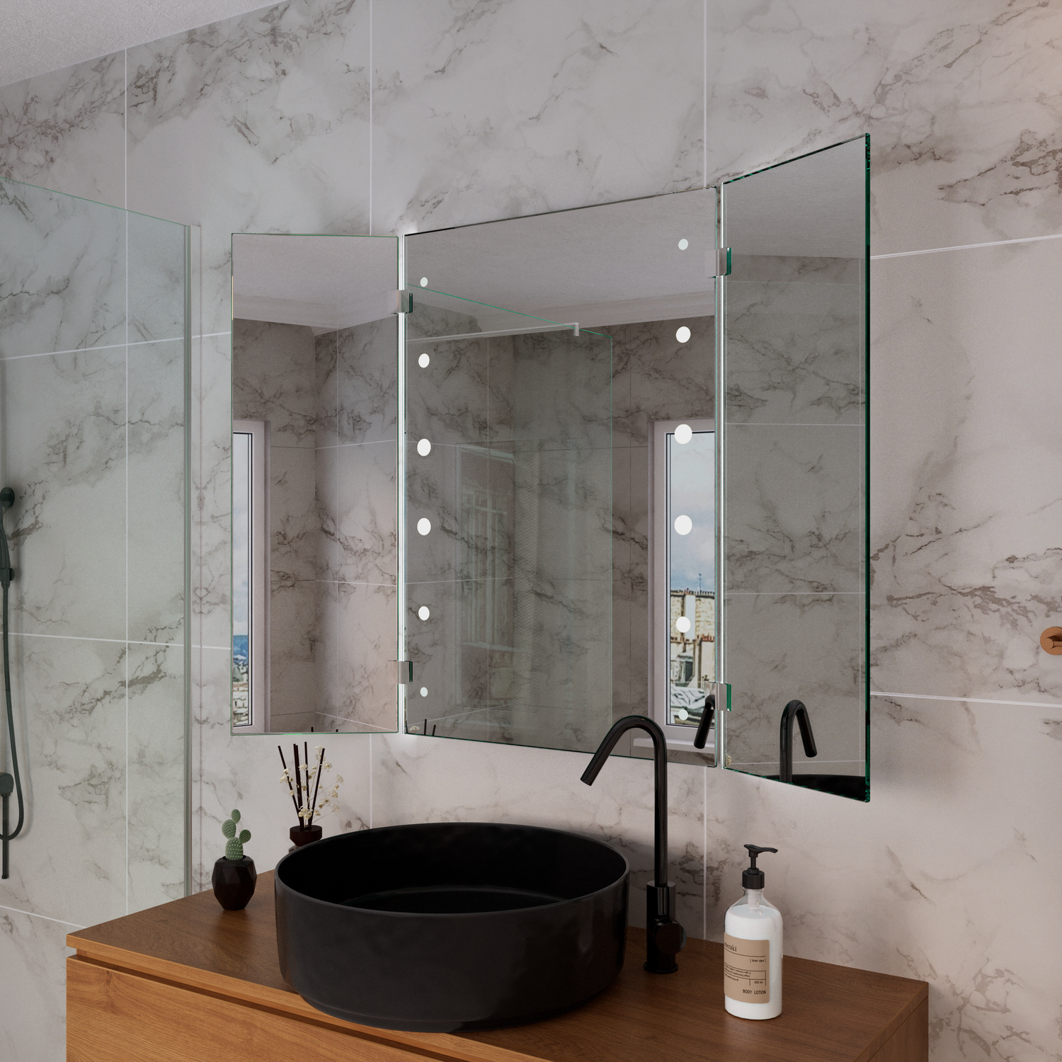 BAHIAS LED-Spiegelschrank mit eingeschalteter Beleuchtung in seitlicher Perspektive, 1500x1500 mm, dreiteiliger Spiegelschrank mit leuchtenden LED-Punkten in warmweiß, über Holzwaschtisch mit schwarzem rundem Aufsatzwaschbecken, schwarze Armatur, luxuriös