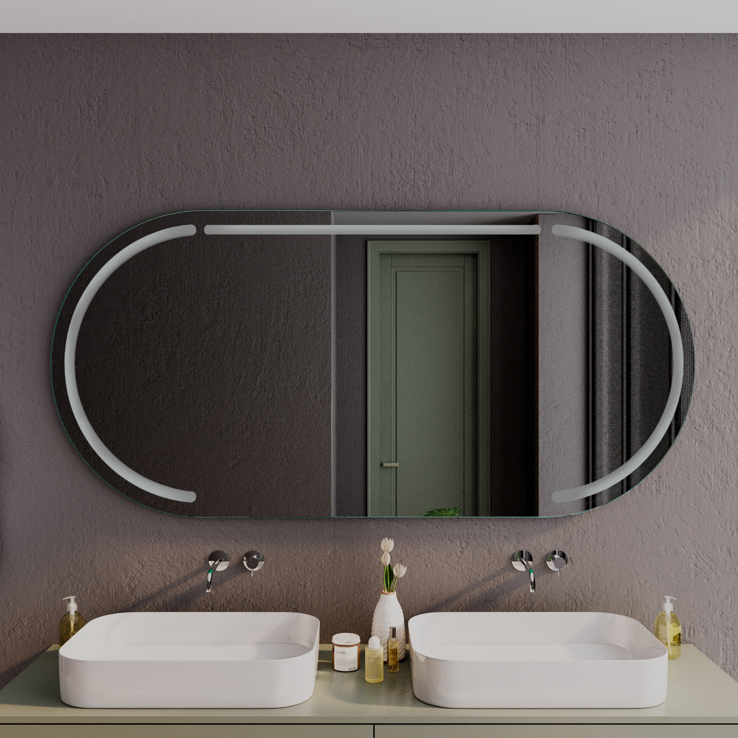 BASTIA OV ovaler LED-Badspiegel mit ausgeschalteter Beleuchtung, 1500x1500 mm, nahe Perspektive, über zwei weißen rechteckigen Aufsatzwaschbecken auf dunklem Waschtisch, elegantes Bad mit dunkelgrauer strukturierter Wand, Goldakzenten und Dekoflaschen