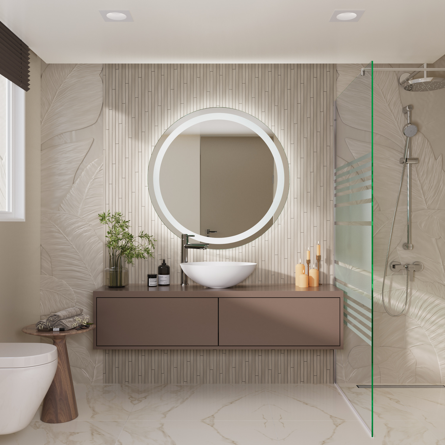 AZOR beleuchteter runder Badezimmerspiegel 1500x1500 mm mit LED-Beleuchtung in modernem Badezimmer mit Aufsatzwaschbecken und GlasduscheRetry