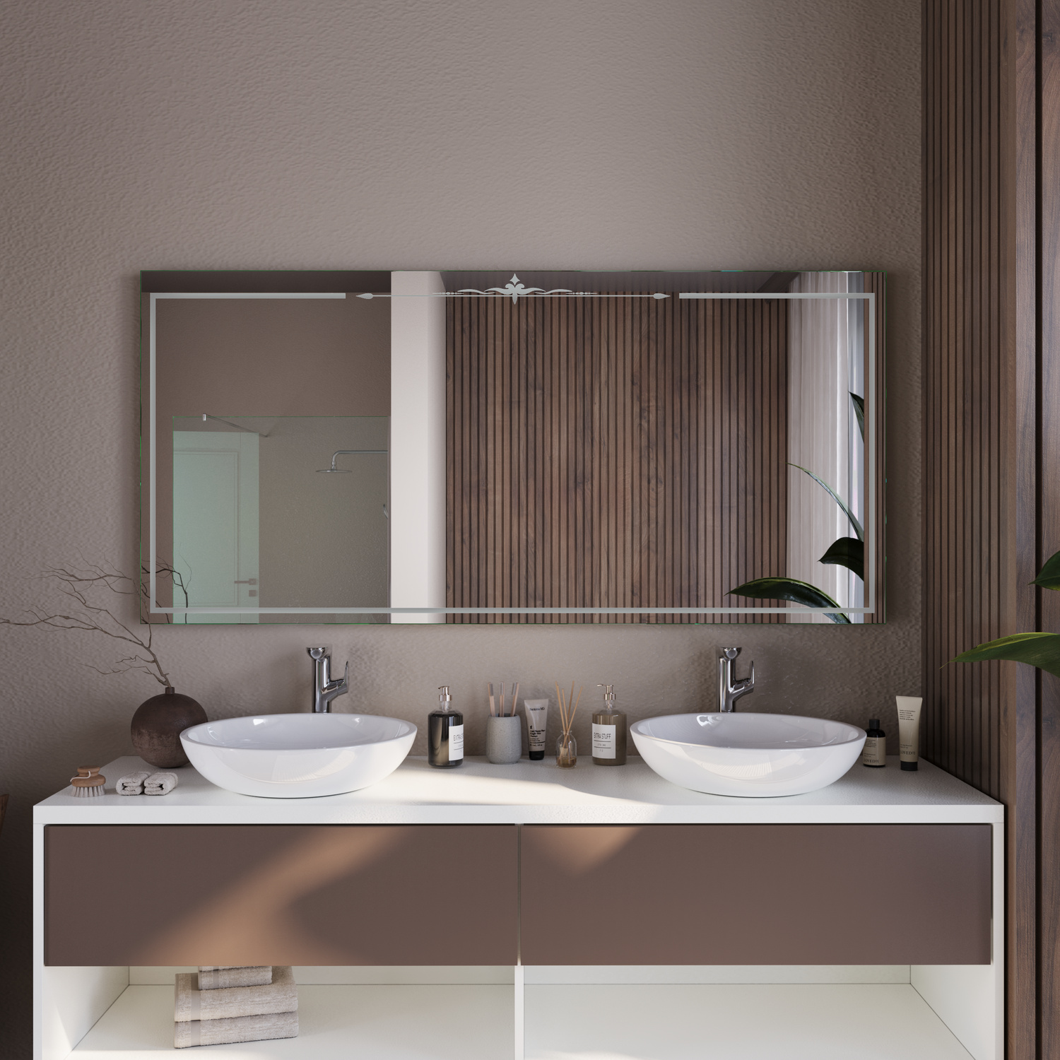 LD413 Badezimmerspiegel 1500x1500 mm mit Rahmen ohne Beleuchtung über hellem Doppelwaschtisch mit zwei runden Aufsatzwaschbecken in modernem beigem Badezimmer mit strukturierter WandverkleidungRetry