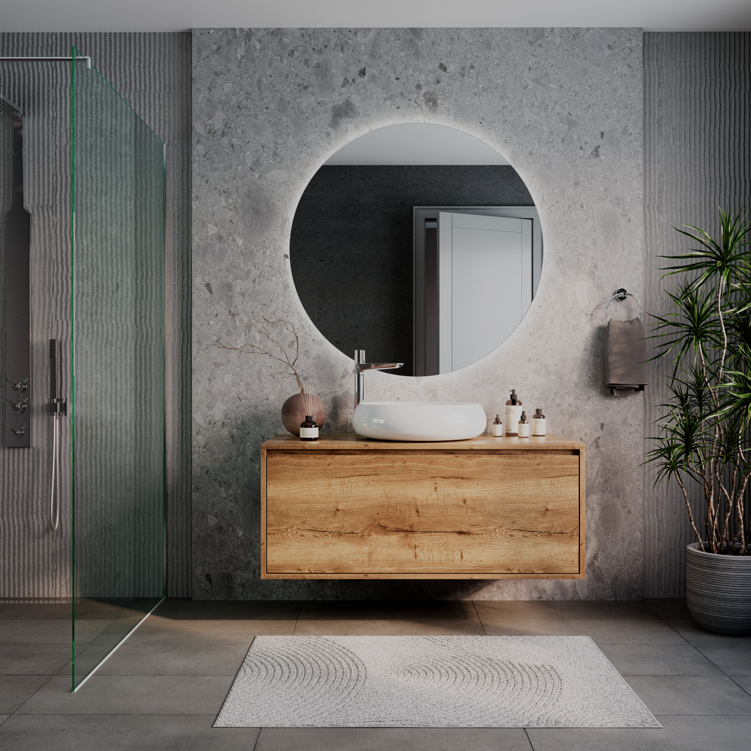 Runder LED-Badspiegel mit eingeschalteter Hintergrundbeleuchtung, 1500x1500 mm, schwarz-weißer geteilter Spiegel mit warmweißem LED-Lichtring, über weißem ovalem Aufsatzwaschbecken auf rustikalem Holzwaschtisch, Industrial-Bad mit Betonwand, Glasdusche un