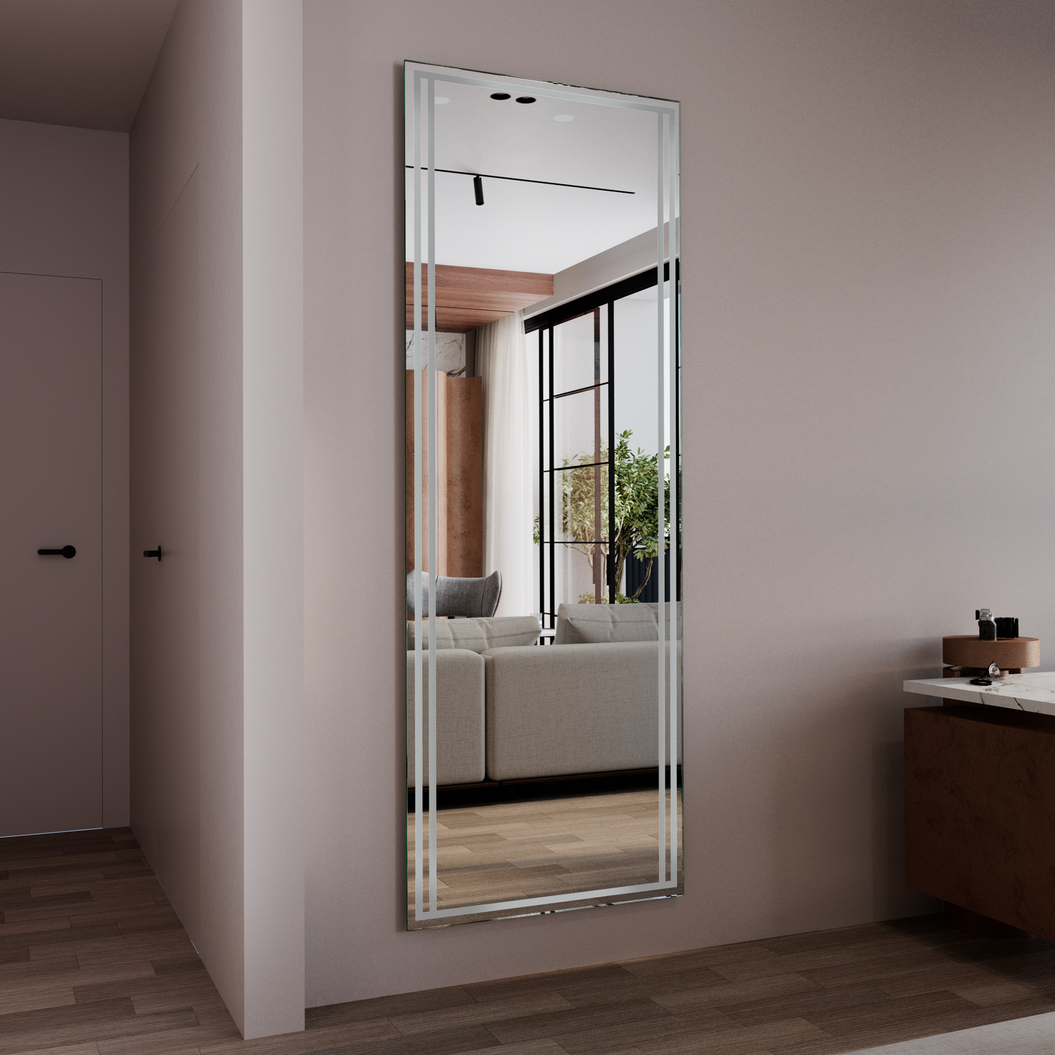 PALERMO LED-Ganzkörperspiegel rechteckig, 1500x1500 mm, Beleuchtung ausgeschaltet, seitliche Perspektive, wandmontiert an weißer Wand, mit horizontalen Spiegelstreifen-Design, modernes Bad mit Blick auf Waschtisch und Fenster, Holzboden