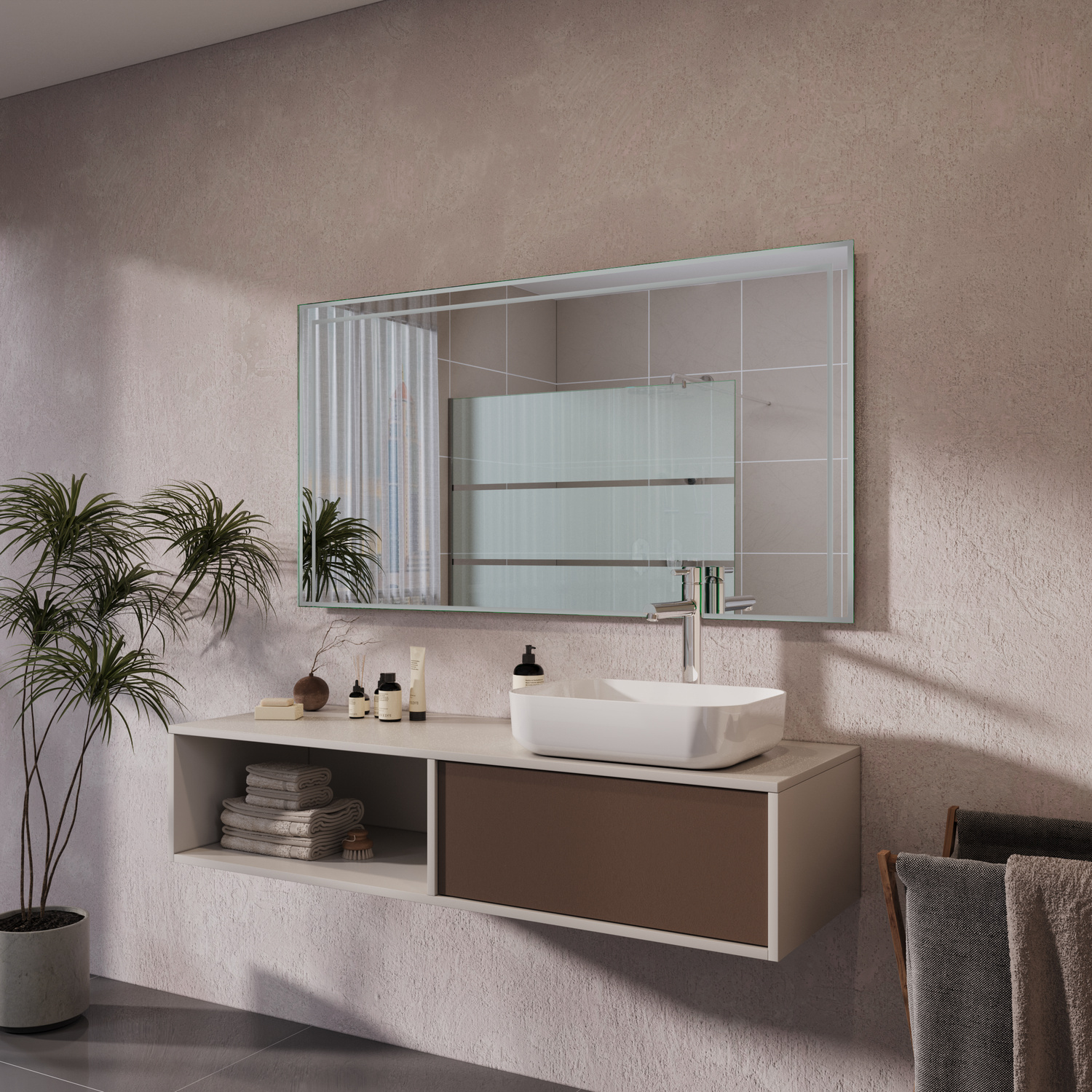 MATERA Badspiegel in Seitenansicht ohne Beleuchtung, 1500x1500 mm, ausgeschaltete LED-Rahmenbeleuchtung, über weißem Waschbecken auf schwebendem Waschtisch, weiße Wand, Pflanzen, graue Handtücher, modernes minimalistisches Baddesign