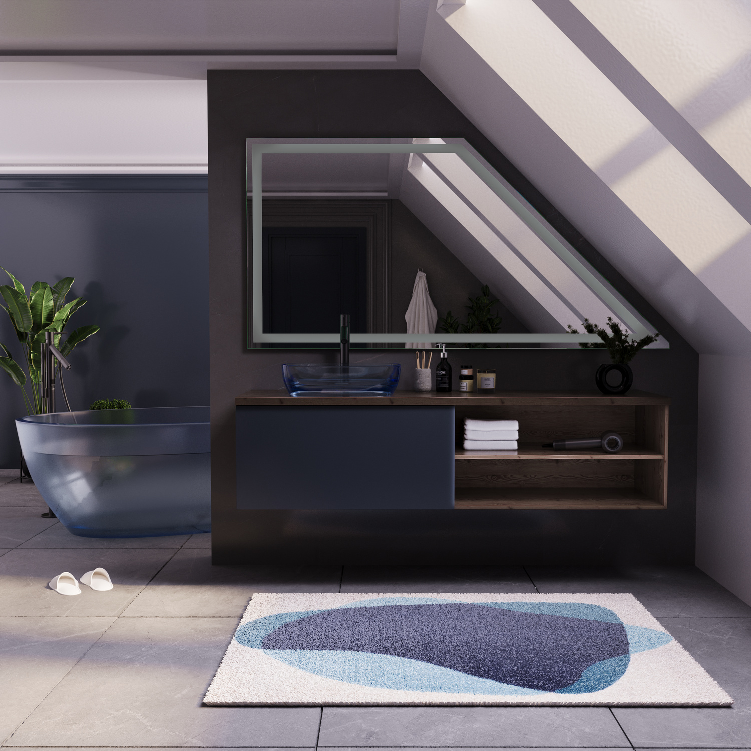 Wandspiegel TOULON DS ohne Beleuchtung, Frontansicht, rechteckig mit dunklem Rahmen, über schwarzem Waschtisch mit integriertem Waschbecken, Holzablage, Dachschräge, Grünpflanze, blaue Badematte, modernes Dachbadezimmer