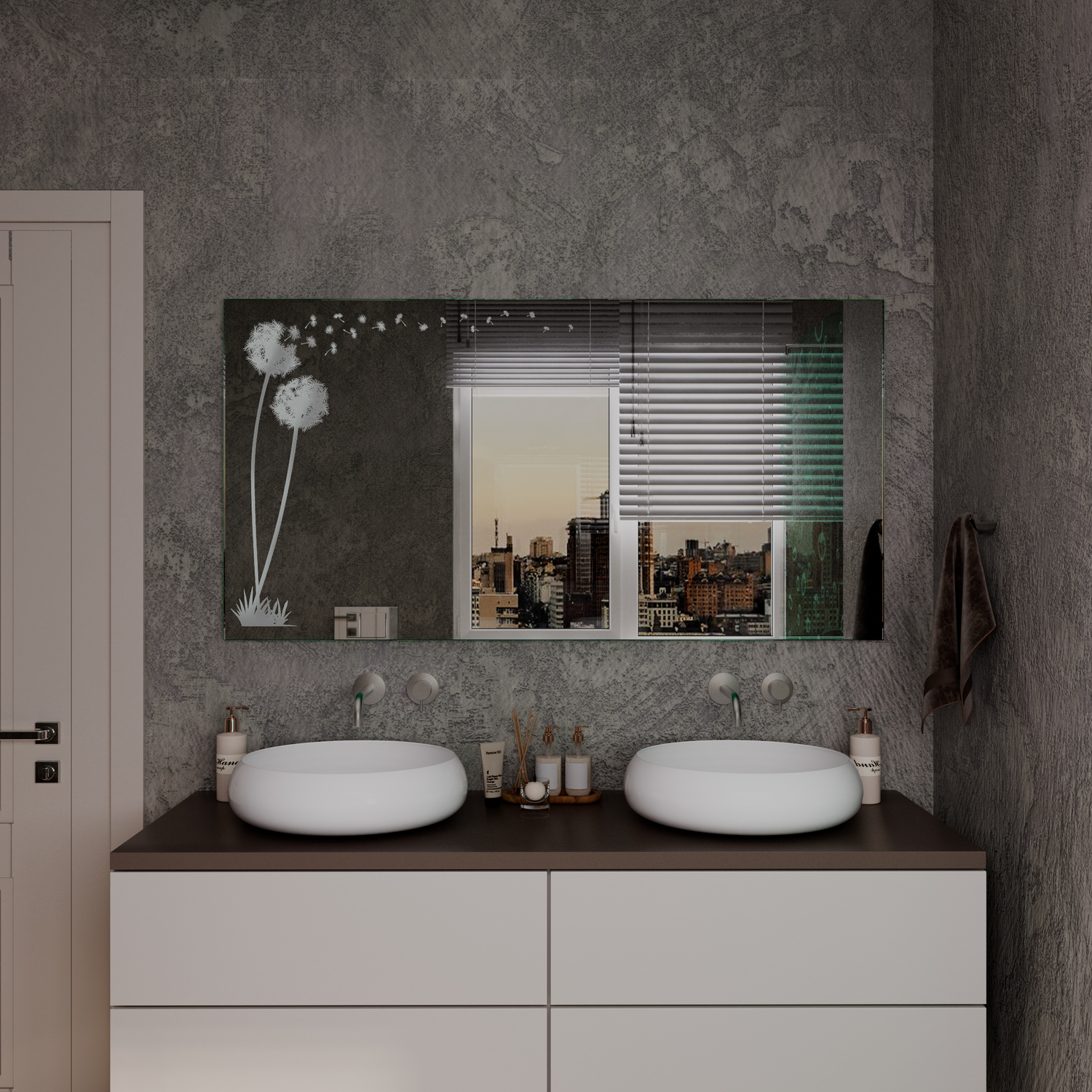 Badspiegel Modell LD505 mit ausgeschalteter Beleuchtung und dekorativem Löwenzahn-Motiv über Doppelwaschtisch in modernem Badezimmer.