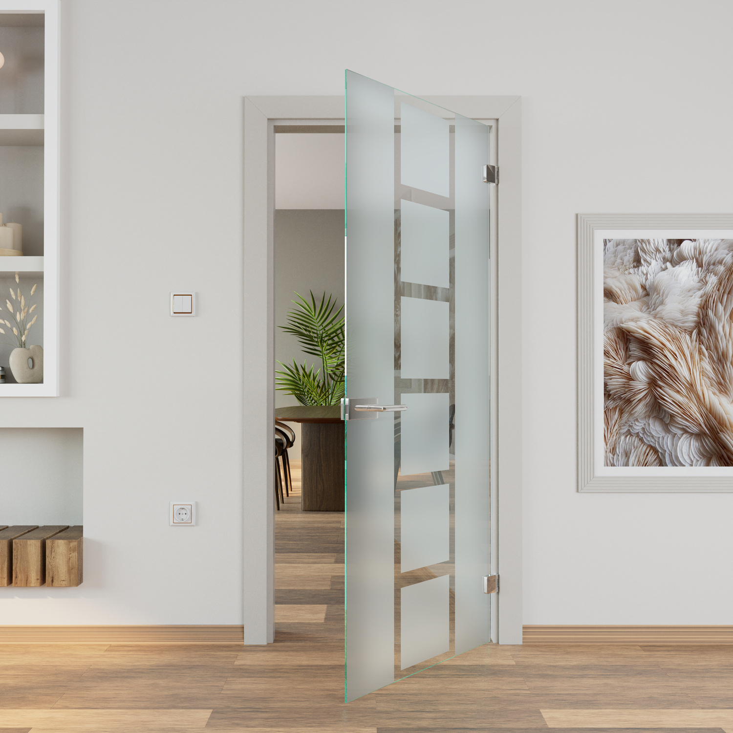 DORADO Glastür geöffnet, satiniertes Glas mit horizontalen Klarglasstreifen, 1500x1500 mm, silberner Aluminiumrahmen, Durchblick in Nebenraum mit Pflanzen, heller moderner Wohnraum mit weißen Wänden und Parkettboden