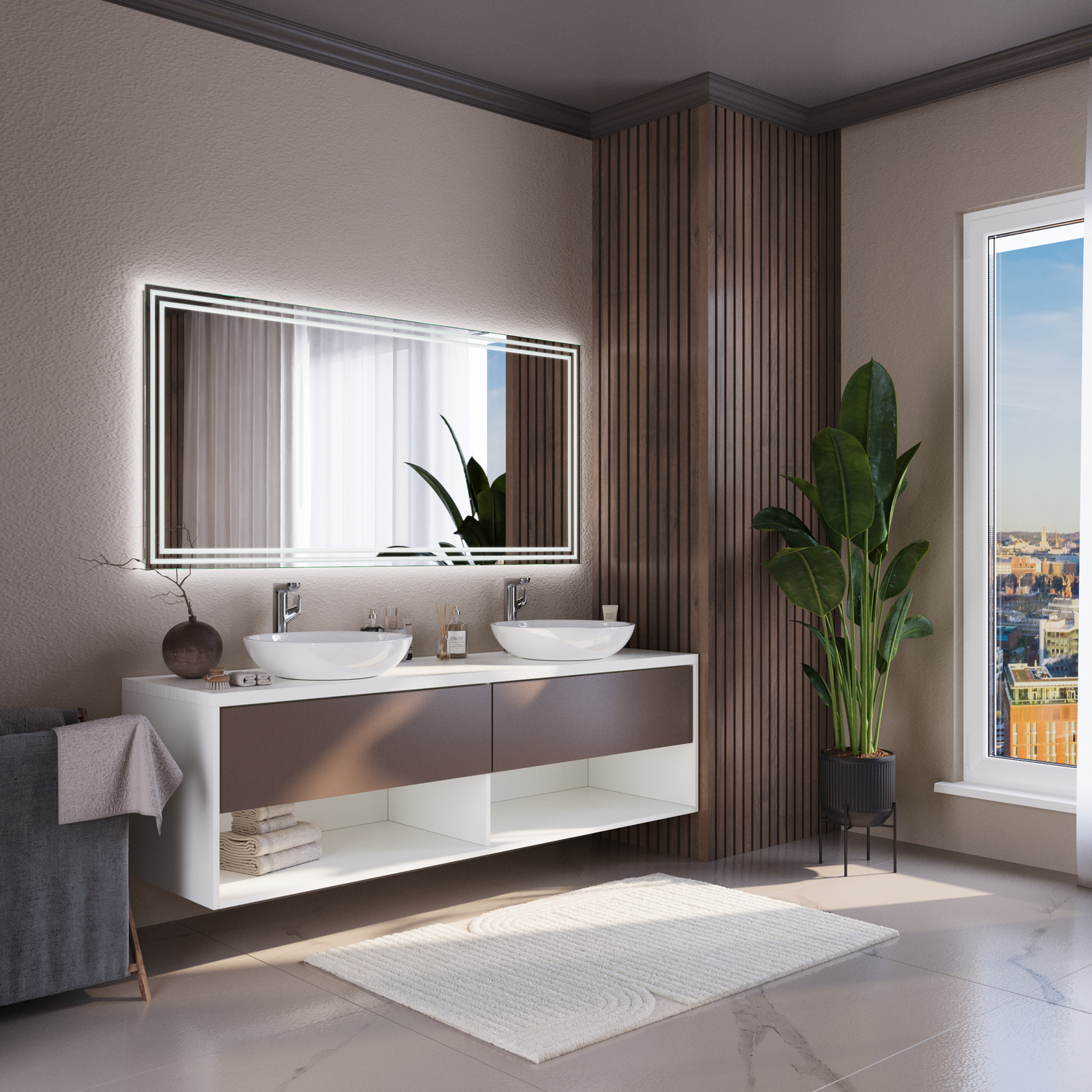 Rodez Doppelspiegel mit LED-Beleuchtung, 1500x1500 mm, Seitenansicht eingeschaltet, leuchtende LED-Rahmen um beide Spiegel, schwebender Doppelwaschtisch mit weißen Waschbecken, elegantes Bad mit Holzlamellen