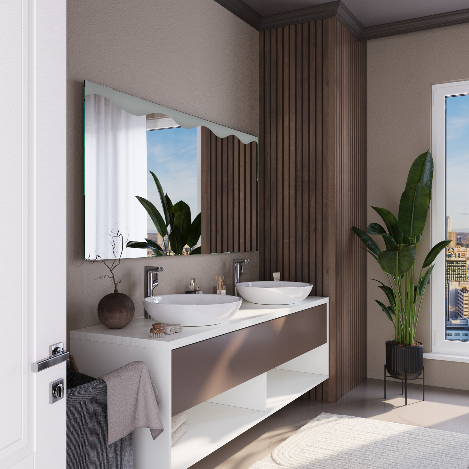 Wandspiegel Vannes mit seitlichen LED-Leisten ausgeschaltet, Seitenansicht, über schwebendem Waschtisch mit weißem Waschbecken, dunkelbrauner Unterschrank, Grünpflanzen, geriffelte Holzwand, modernes Badezimmer