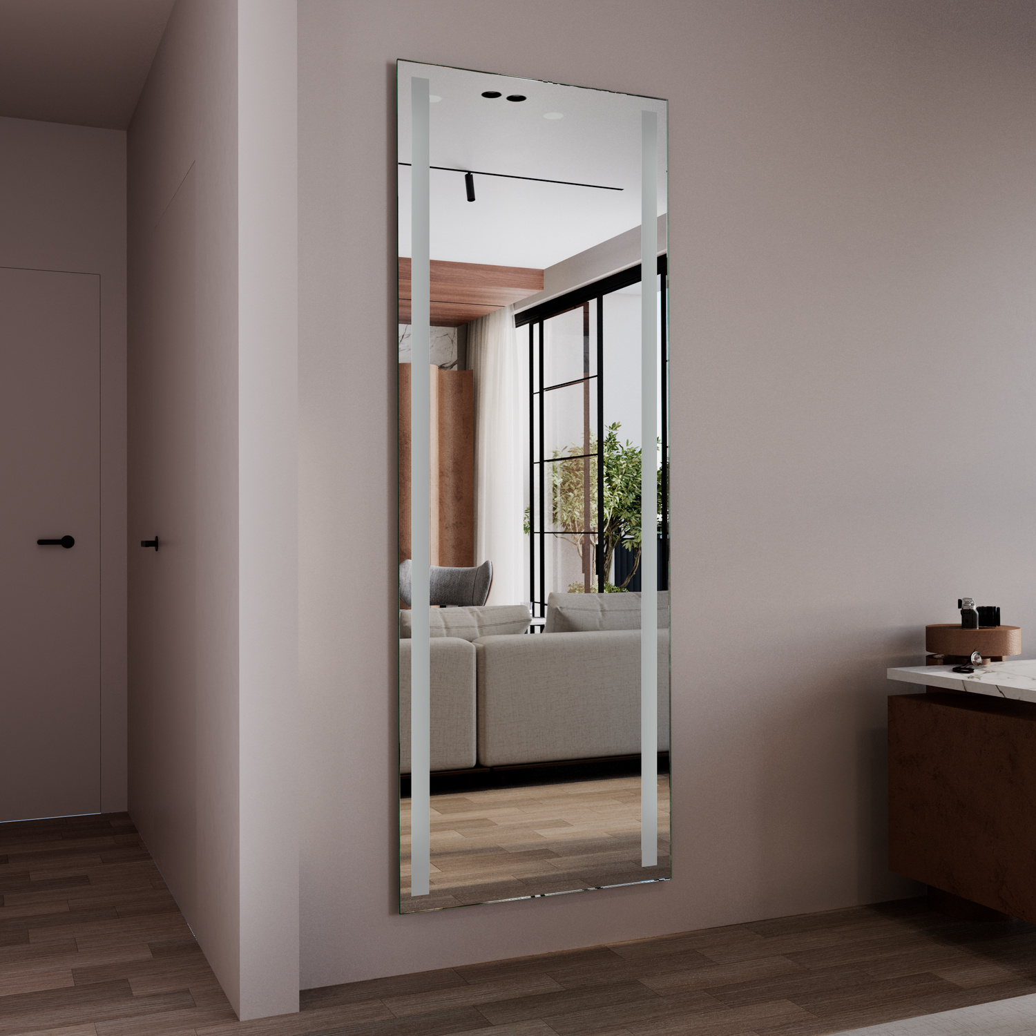 ALMADEN Standspiegel 1500x1500 mm mit weißem Rahmen in seitlicher Perspektive ohne Beleuchtung mit Spiegelung von Wohnraum und großem FensterRetry