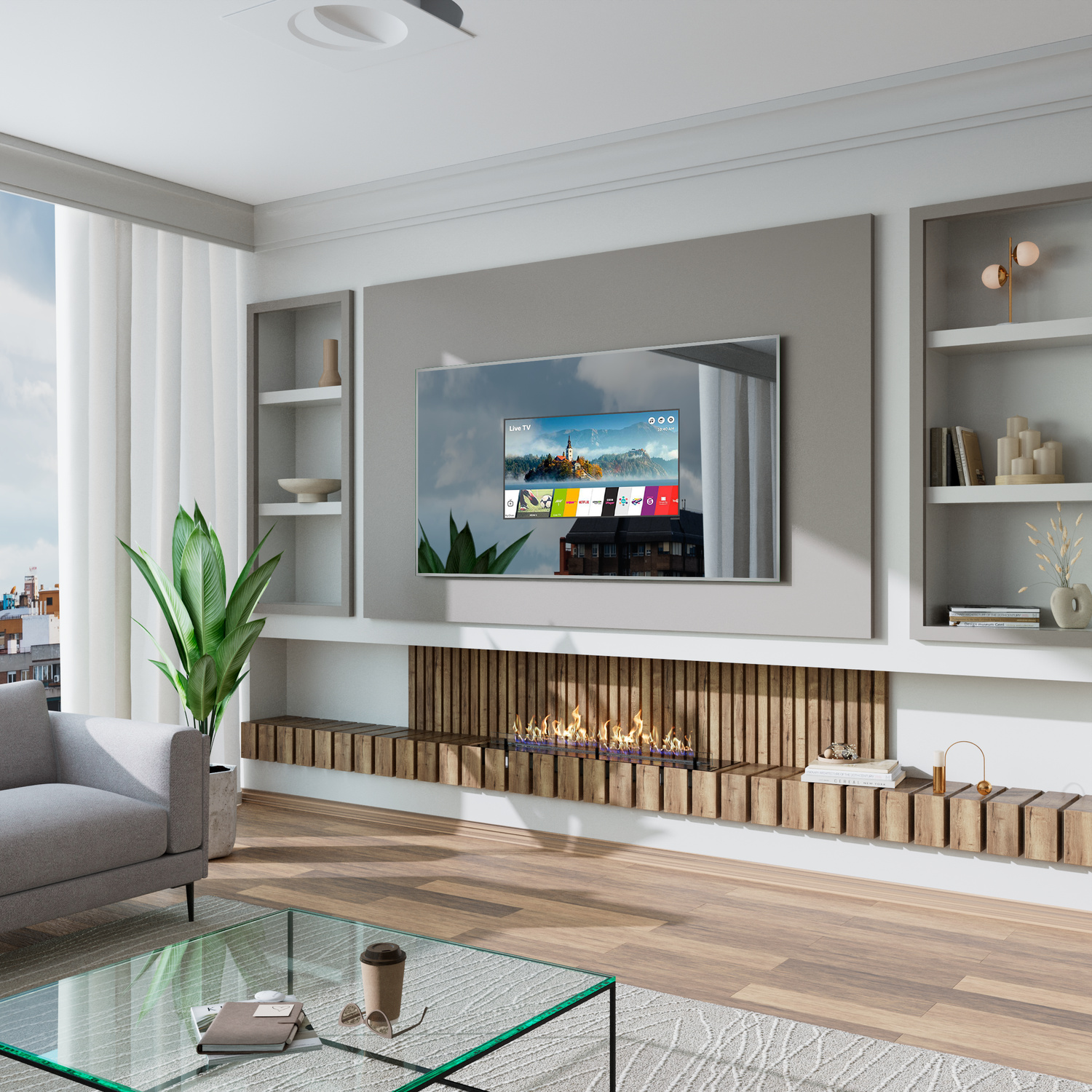 TV-Spiegel Sete 10 in Seitenansicht mit ausgeschalteter Beleuchtung und aktiviertem Display über einem Elektrokamin in einem hellen, modernen Wohnzimmer mit GlasfirmentischRetry