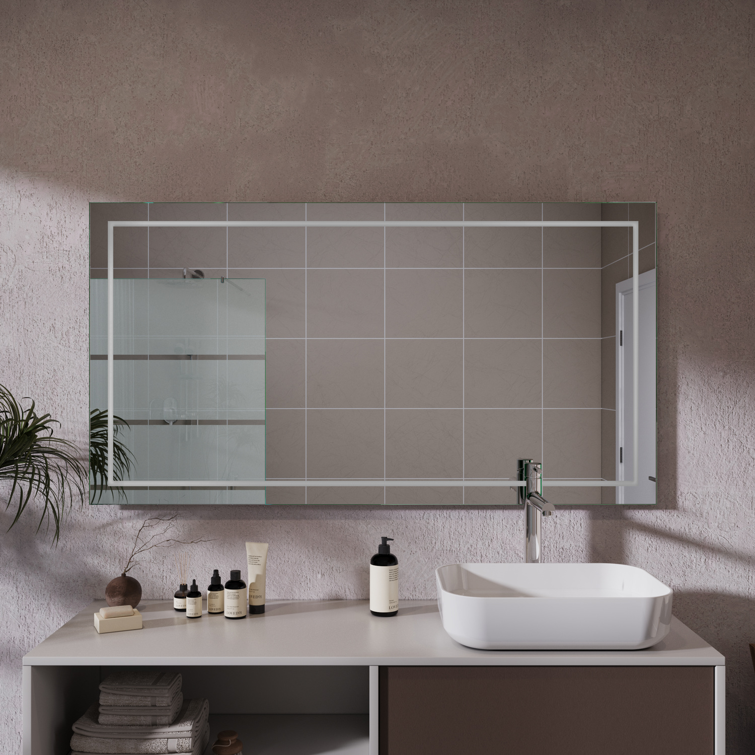 ZARA Badezimmerspiegel 1500x1500 mm mit Rahmen ohne Beleuchtung über hellem Waschtisch mit rechteckigem Aufsatzwaschbecken in modernem beige-braunem BadezimmerRetry