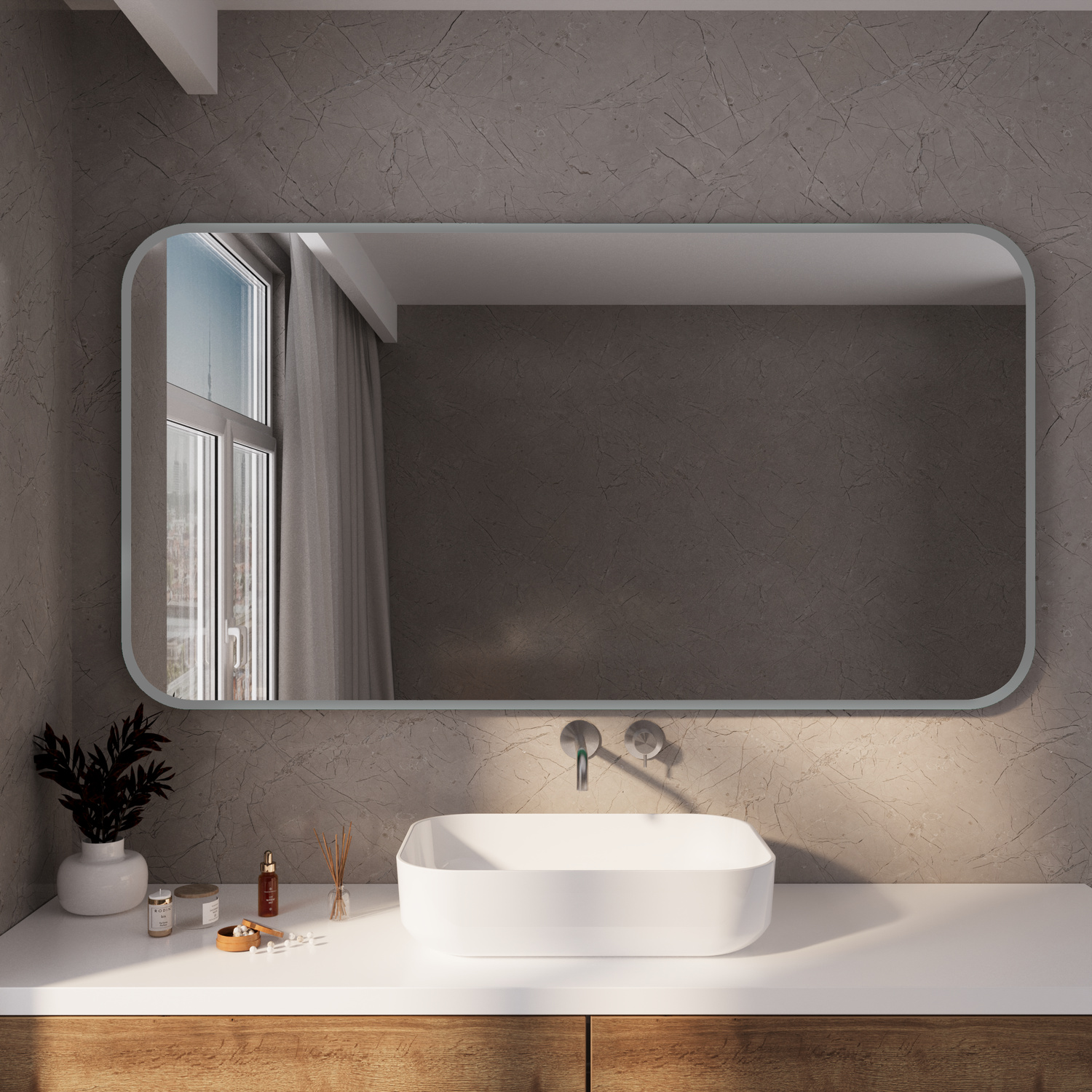 SETERAD15 LED-Badspiegel mit ausgeschalteter Beleuchtung, Frontansicht über weißem Waschtisch in modernem BadezimmerRetry