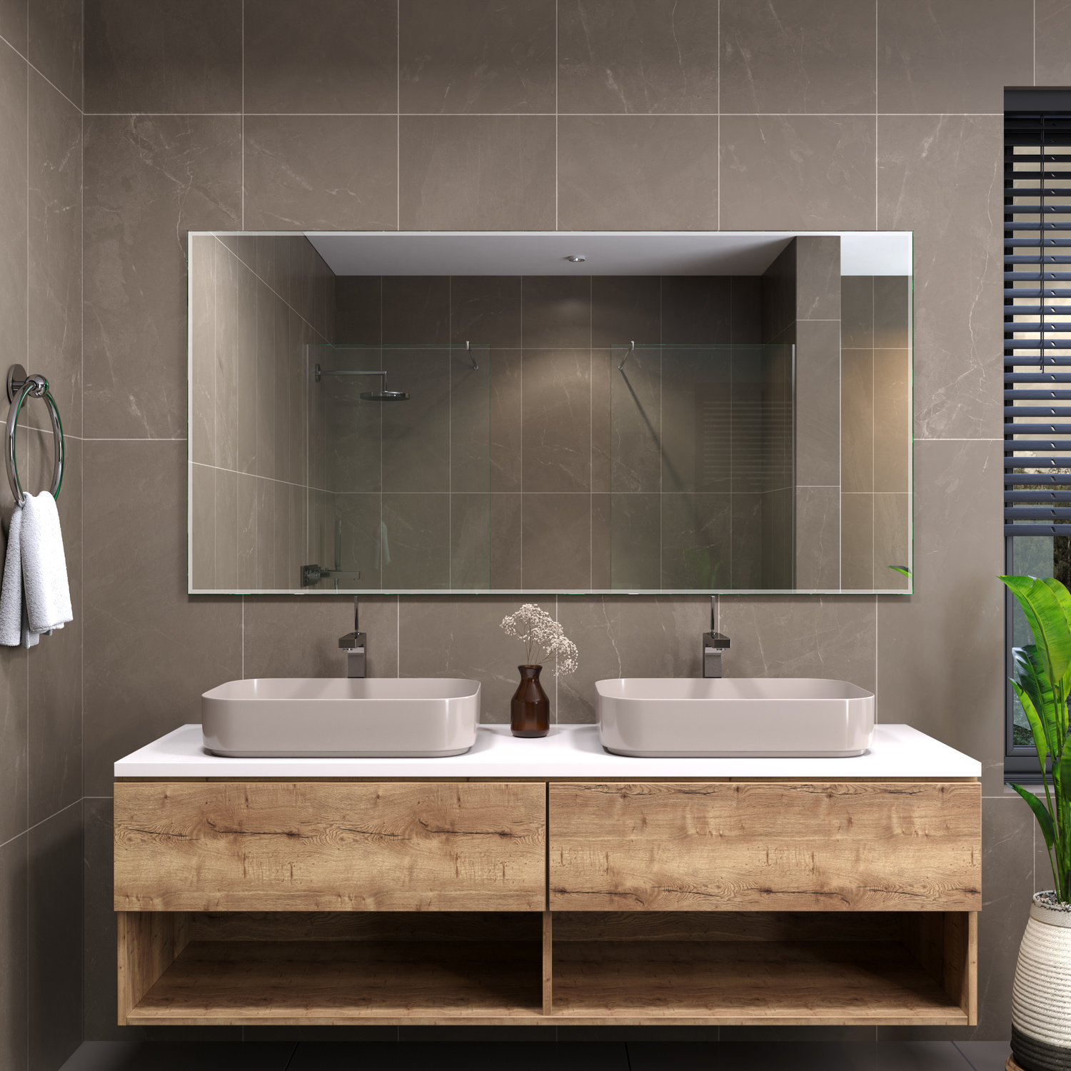 Badspiegel Modell Sete mit 15-mm-Rahmen aus Nahaufnahme bei ausgeschaltetem Licht, Produktaufnahme in 1500 × 1500 Pixel.