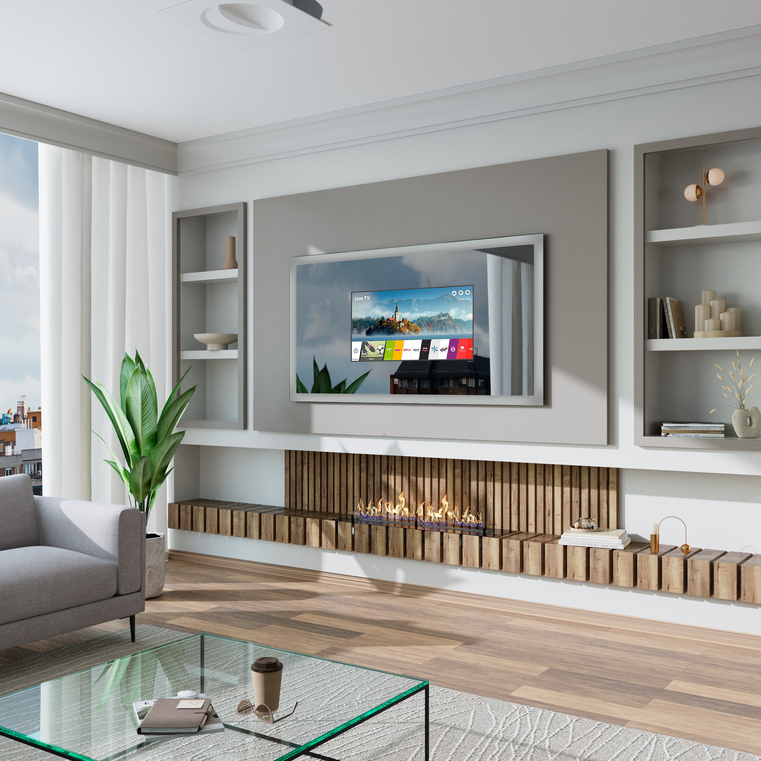 SETE40 Fernsehspiegel 1500x1500 mm mit 40 mm Rahmenbreite ohne Beleuchtung in seitlicher Perspektive über modernem Biokamin in hellem Wohnzimmer mit GlascouchtischRetry