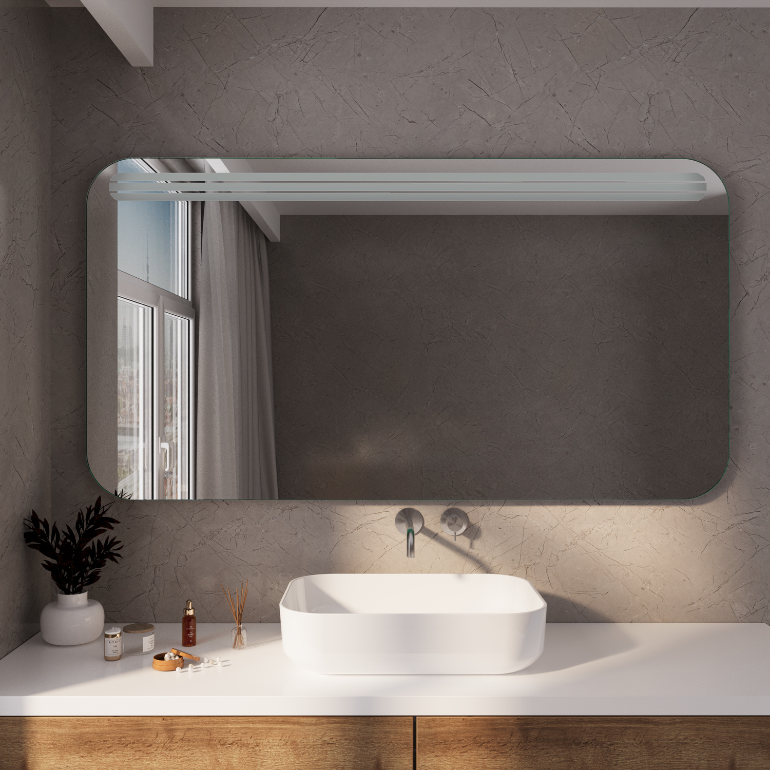 AREVALO RAD LED-Badspiegel mit ausgeschalteter Beleuchtung und abgerundeten Ecken in frontaler Perspektive, 1500x1500 mm, über weißem Waschtisch mit rechteckigem Aufsatzwaschbecken, moderne Wandarmaturen, minimalistisches Bad in Grau-Weiß mit Holzdetails
