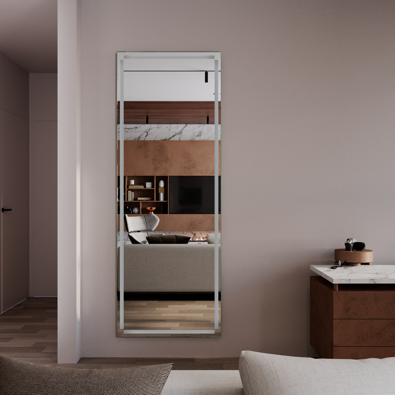 VERONA Ganzkörperspiegel ohne Beleuchtung, bodenlanger rechteckiger Wandspiegel mit weißem Rahmen, reflektiert Waschtisch und Badezimmereinrichtung, hellrosa Wand, Holzwaschtisch, minimalistische moderne Badezimmergestaltung