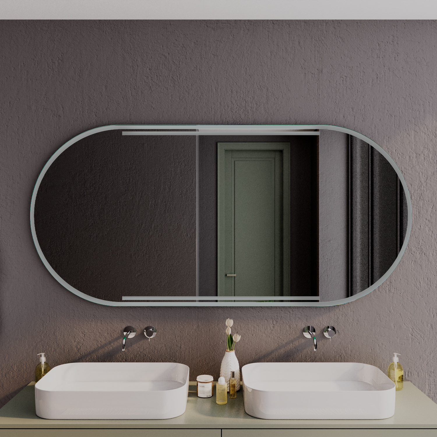 CALLAC OV ovaler LED-Badspiegel mit ausgeschalteter Beleuchtung, 1500x1500 mm, silberner Aluminiumrahmen, über zwei weißen Aufsatzwaschbecken auf Holzwaschtisch mit Wandarmaturen, modernes Bad mit anthrazitfarbener Wand
