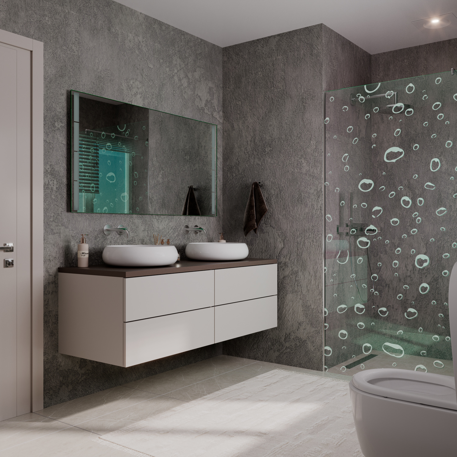 Badspiegel Portals Nous ohne Beleuchtung, Seitenansicht, schwarzer Rahmen, über schwebendem Waschtisch mit zwei weißen Aufsatzwaschbecken, weißer Unterschrank, dunkelgraue Betonwand-Optik, Glasdusche, minimalistisches Badezimmer