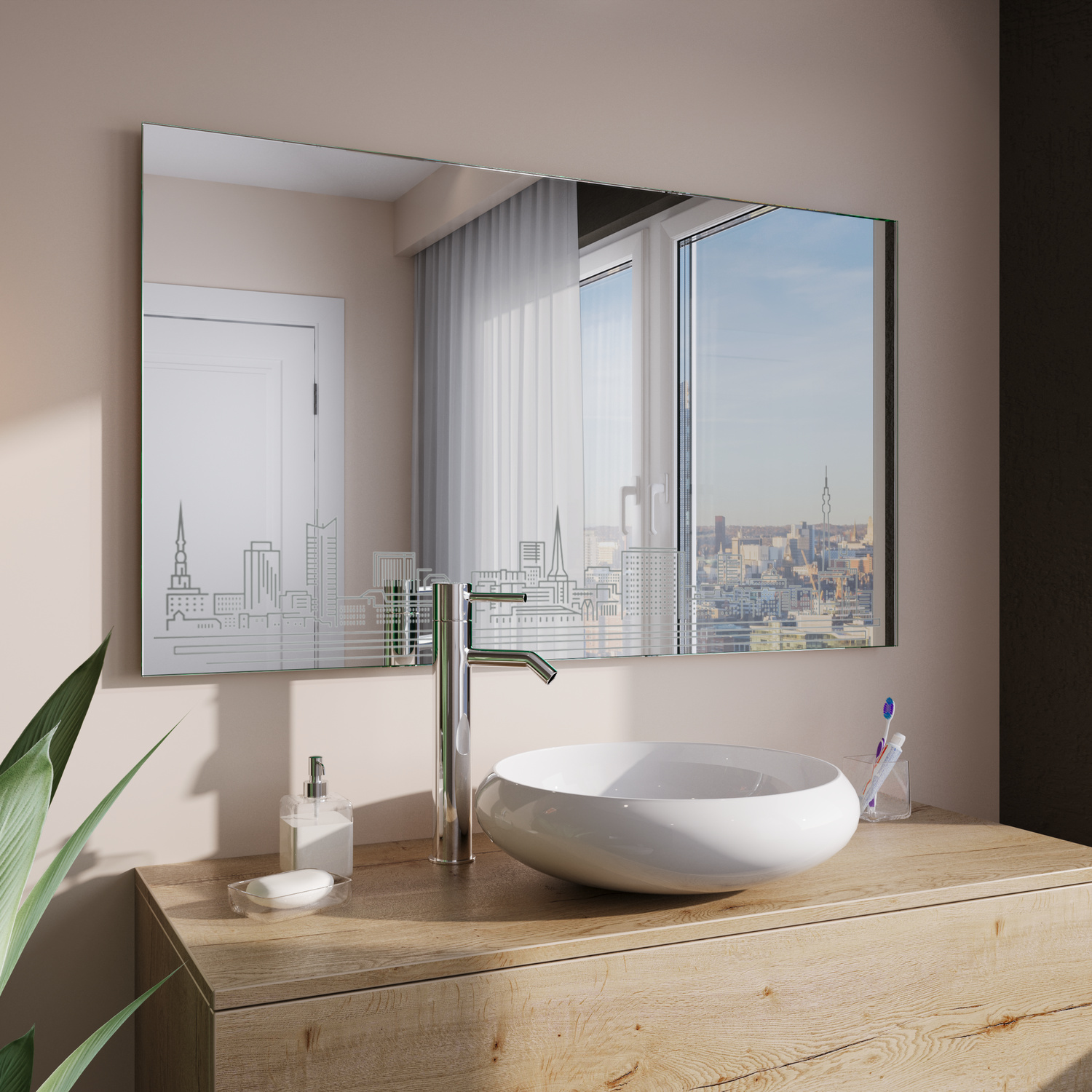SKYDORTMUND1 rechteckiger LED-Badspiegel mit ausgeschalteter Beleuchtung, 1500x1500 mm, seitliche Ansicht, über weißem Aufsatzwaschbecken auf Holzwaschtisch, modernes helles Bad mit Fenster, Stadtblick und großer Pflanze