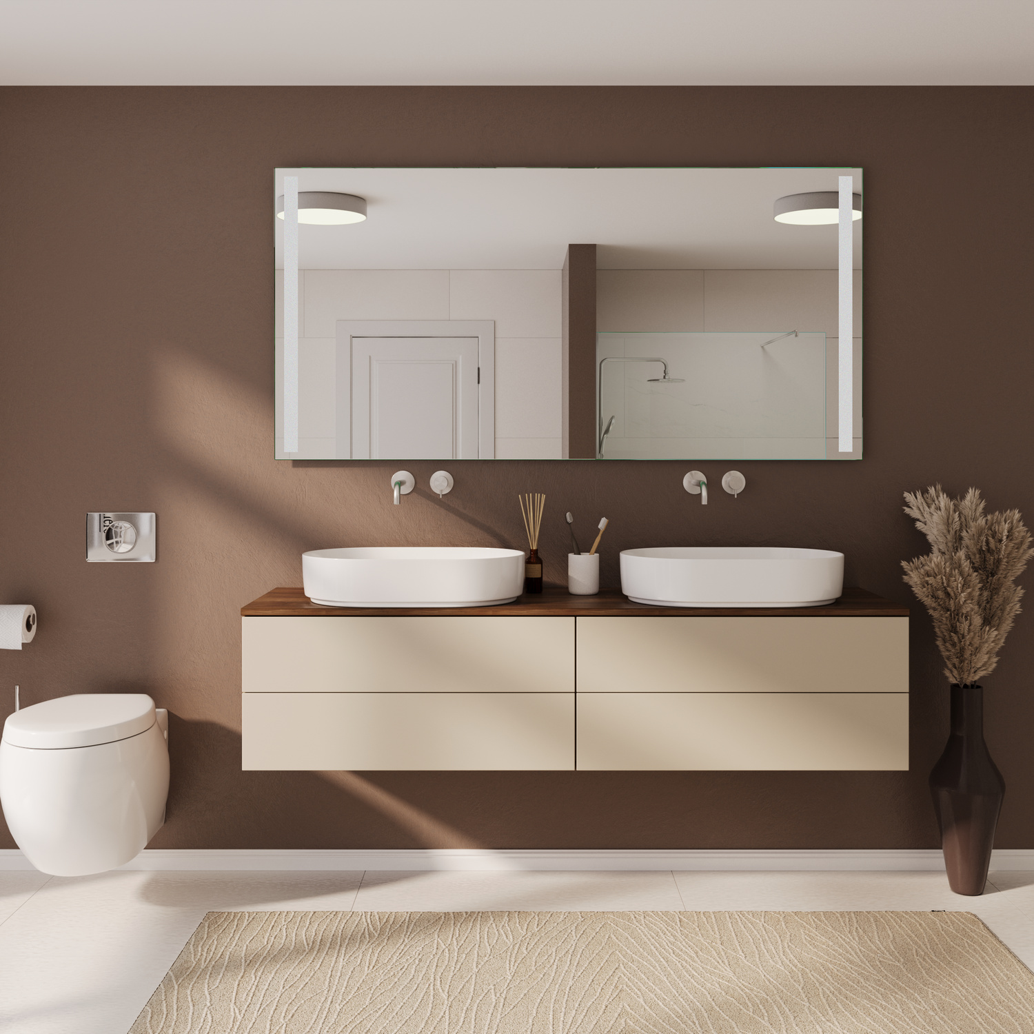 Badspiegel Modell Paris mit ausgeschaltetem Licht, frontale Produktaufnahme in 1500 × 1500 Pixel.