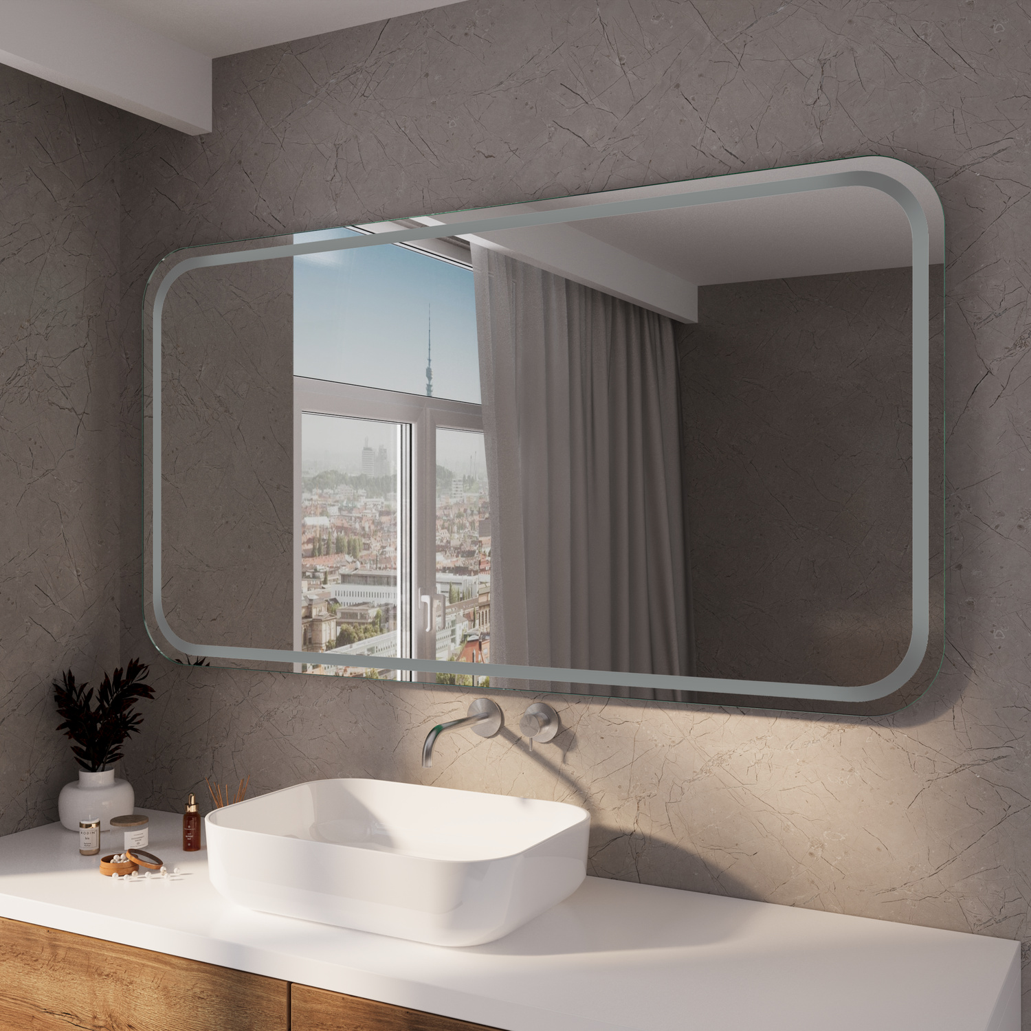 TOULON RAD LED-Badspiegel mit abgerundeten Ecken, 1500x1500 mm, Beleuchtung ausgeschaltet, wandmontiert über weißem Waschtisch mit rundem Aufsatzwaschbecken, Holzunterschrank, modernes Bad mit grauer Betonoptik-Wand