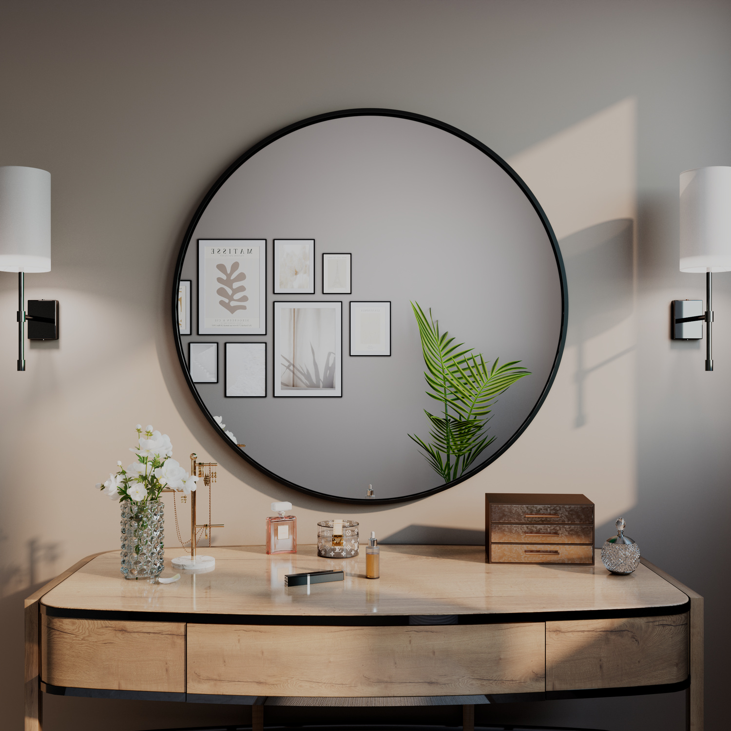 "Runder Wandspiegel mit schwarzem Metallrahmen, 1500x1500 mm, montiert über modernem Konsolentisch mit Holzfronten und schwarzem Gestell, Wohnbereich mit Bildergalerie-Spiegelung, dekorative Wandleuchten