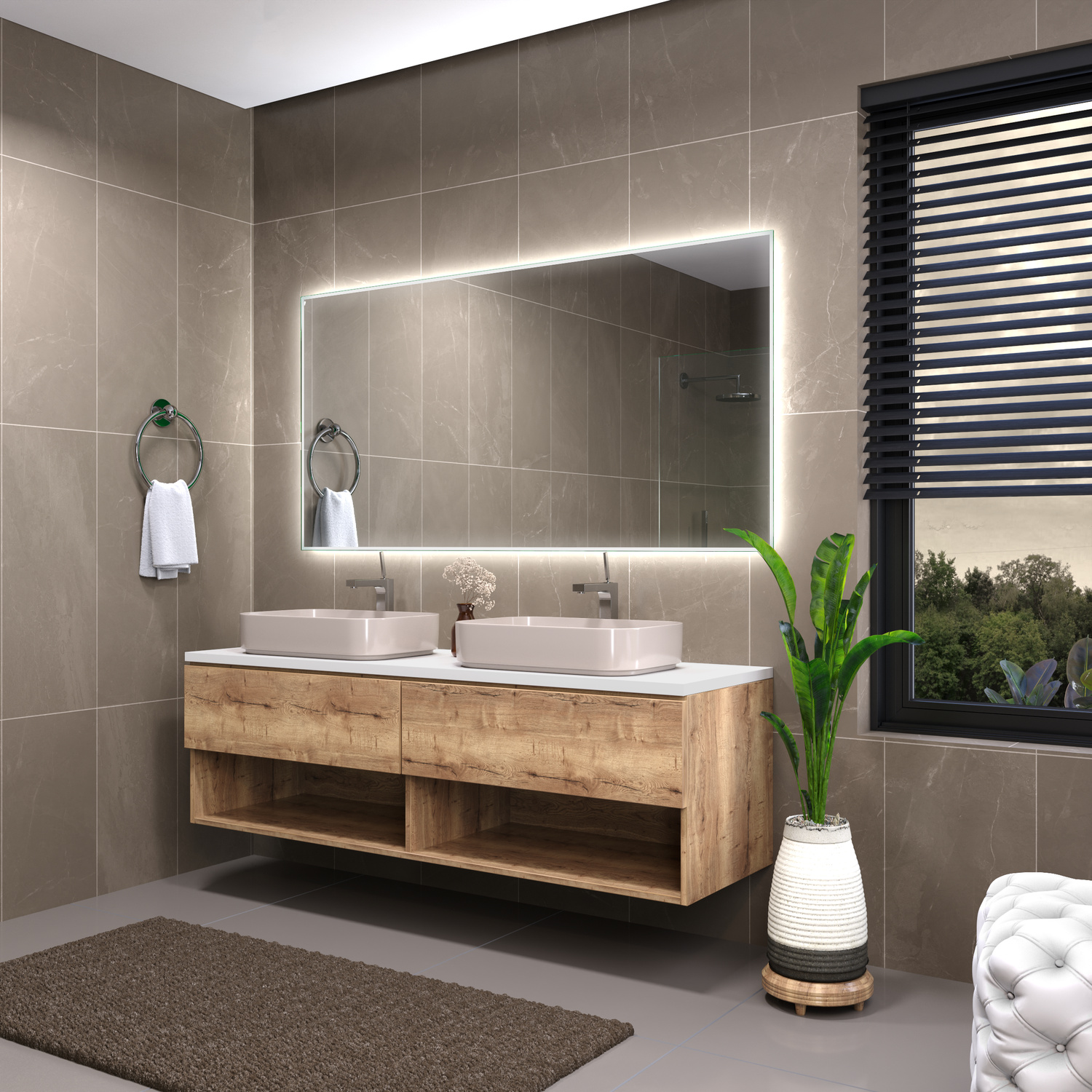 Badspiegel Modell Sete mit 15-mm-Rahmen bei eingeschaltetem Licht, frontale Produktaufnahme in 1500 × 1500 Pixel.