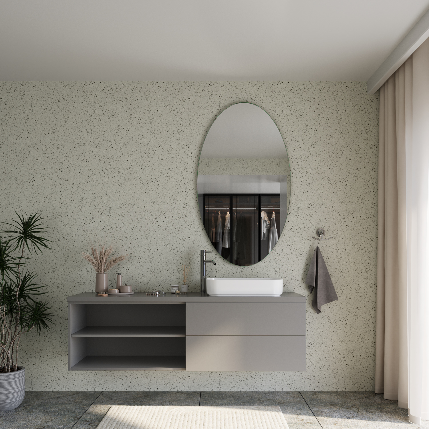 LAMBELLE EL ovaler LED-Badspiegel mit ausgeschalteter Beleuchtung, 1500x1500 mm, über modernem zweifarbigem Waschtisch in Grau-Beige, minimalistisches helles Bad mit strukturierter Tapete, Pflanzen und Bodenfliesen