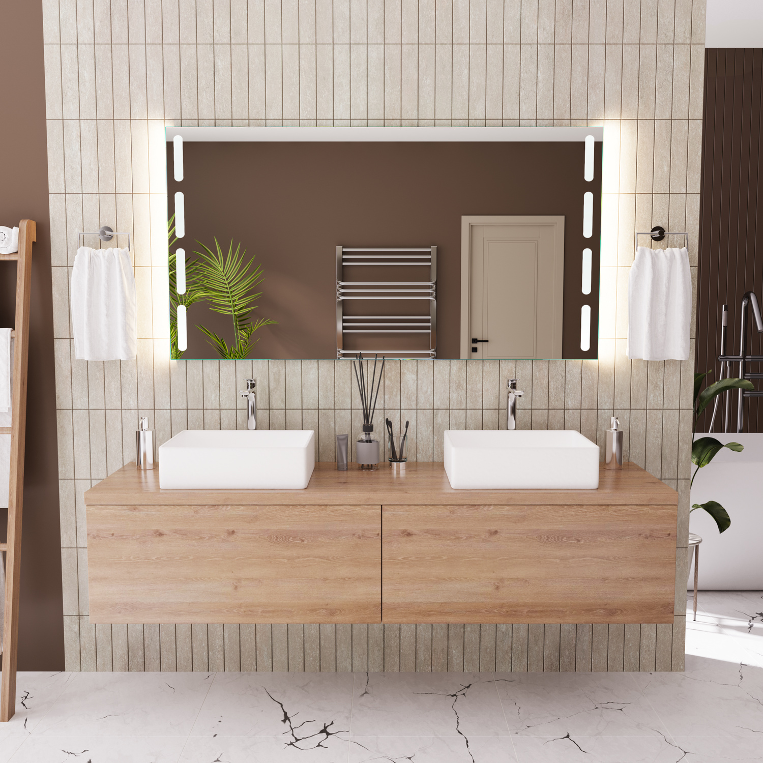 PUNTA PRIMA rechteckiger LED-Badspiegel mit eingeschalteter Beleuchtung, 1500x1500 mm, leuchtend mit seitlichen Lichtstreifen, über hellem Holzwaschtisch mit zwei weißen rechteckigen Aufsatzwaschbecken, modernes Bad mit Pendelleuchten