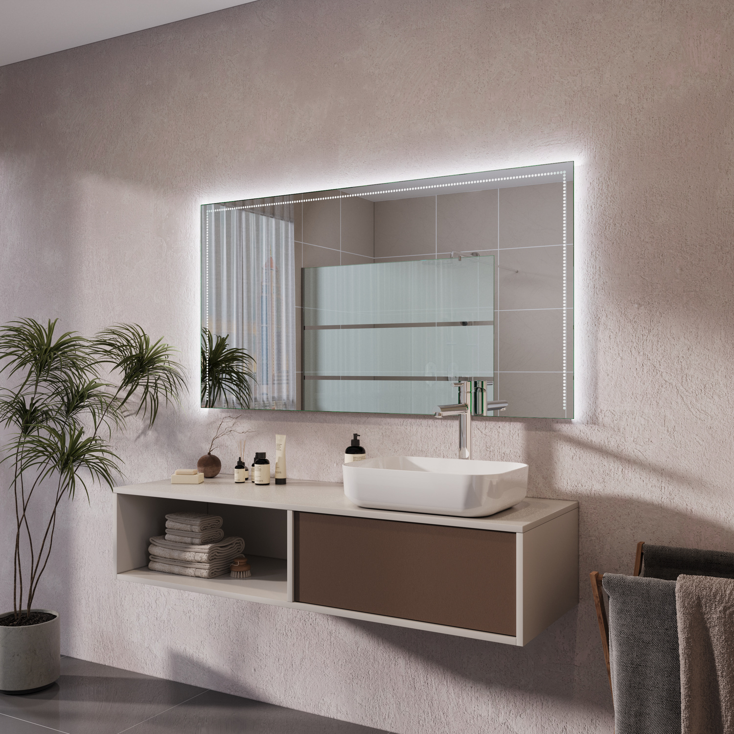 NEVERS rechteckiger LED-Spiegelschrank mit Glasregalen und eingeschalteter Beleuchtung, 1500x1500 mm, leuchtend mit warmweißem Lichtrahmen, seitliche Perspektive, über weißem Aufsatzwaschbecken auf beigem Waschtisch mit Regalfächern, modernes Bad mit Grün